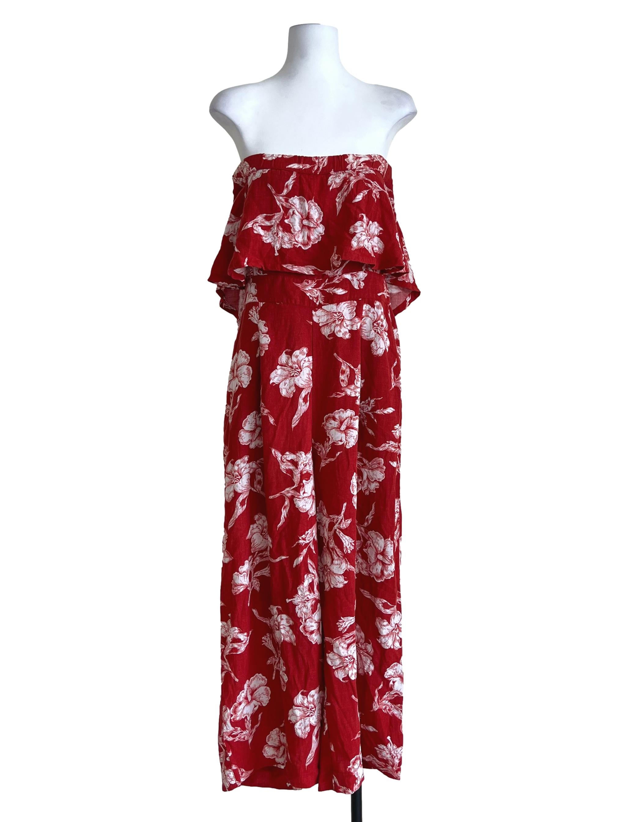 Red Floral Strapless Wide-Leg Jumpsuit