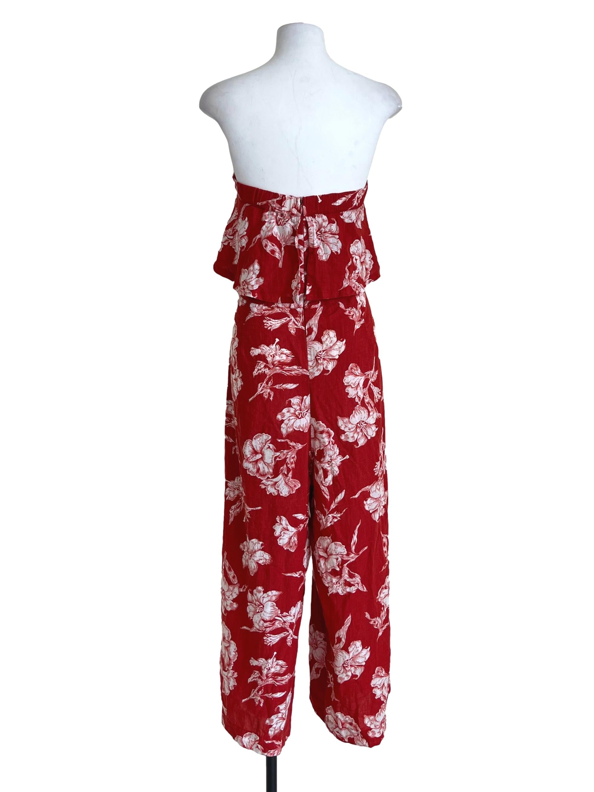 Red Floral Strapless Wide-Leg Jumpsuit