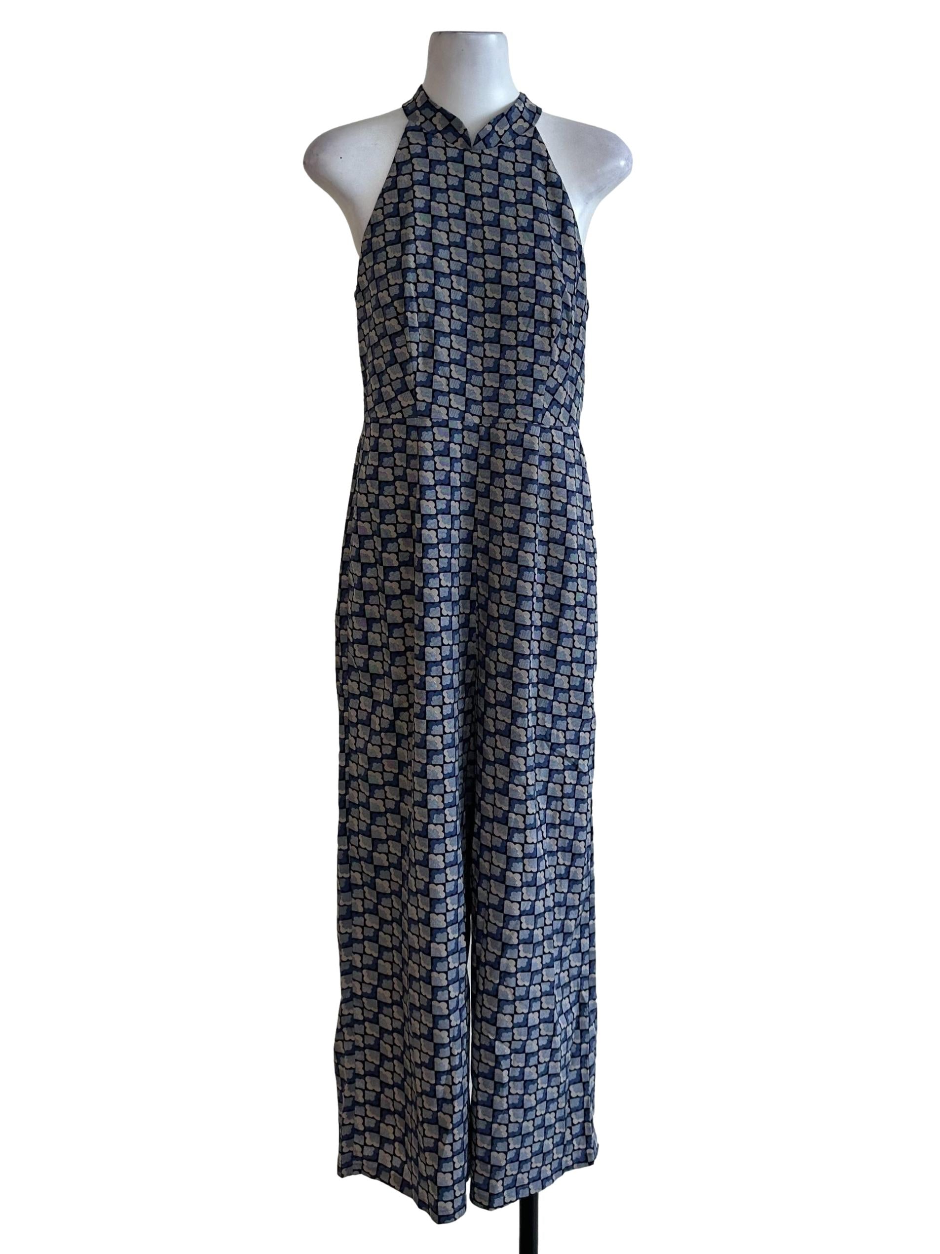 Dusty Blue Pattern High Neck Jumpsuit