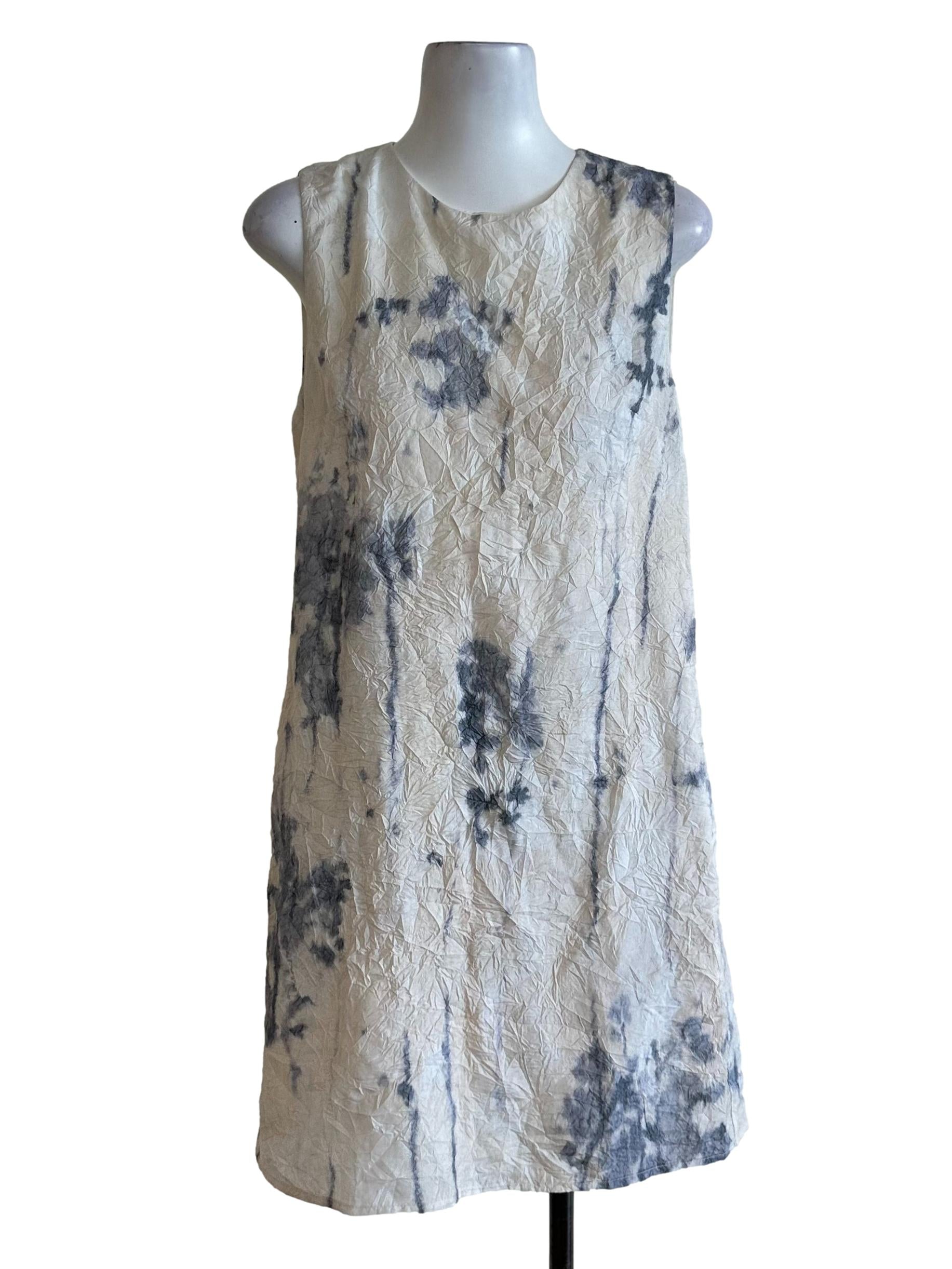 Beige Blue Textured Pattern Round Neck Dress