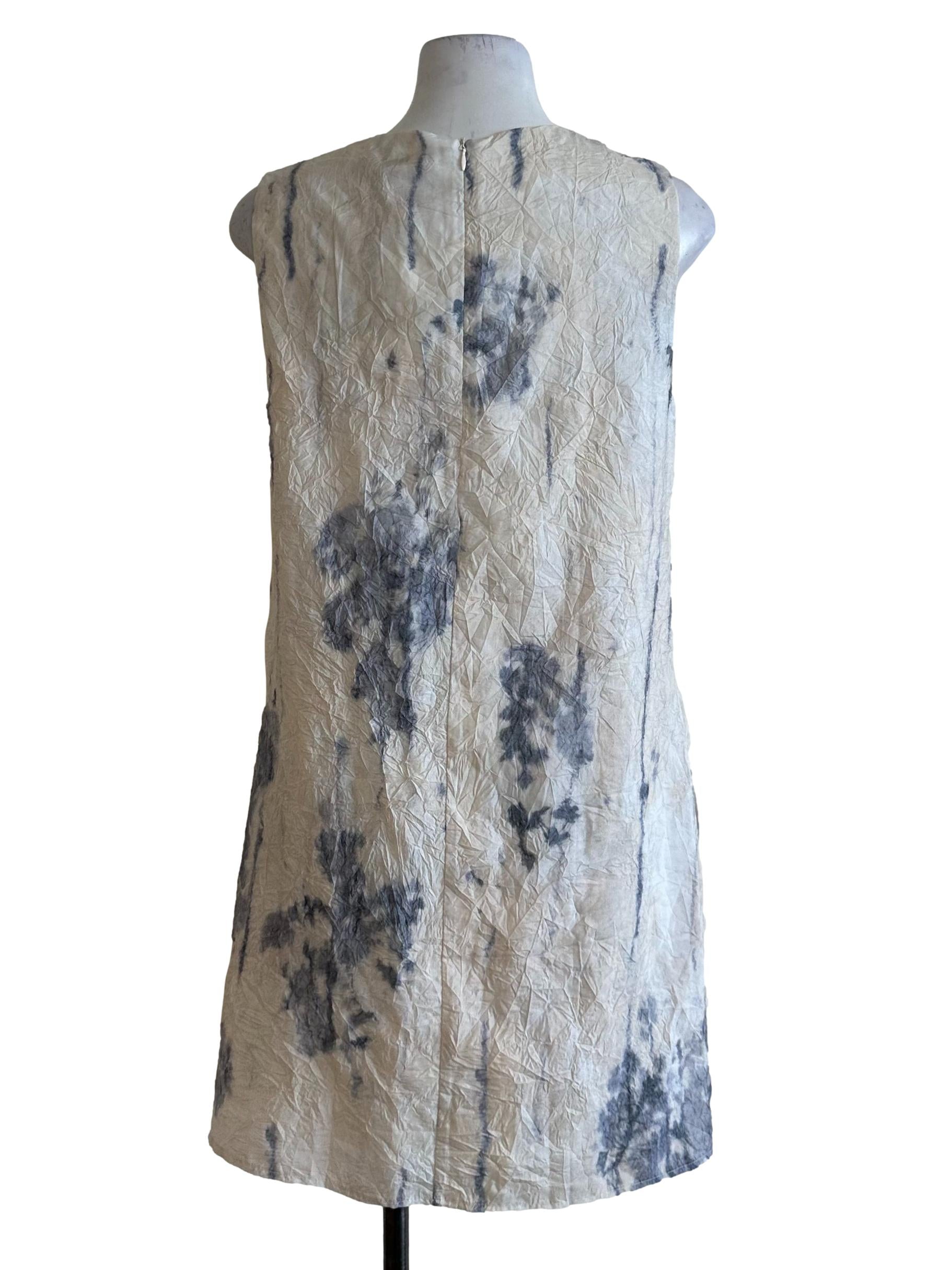 Beige Blue Textured Pattern Round Neck Dress