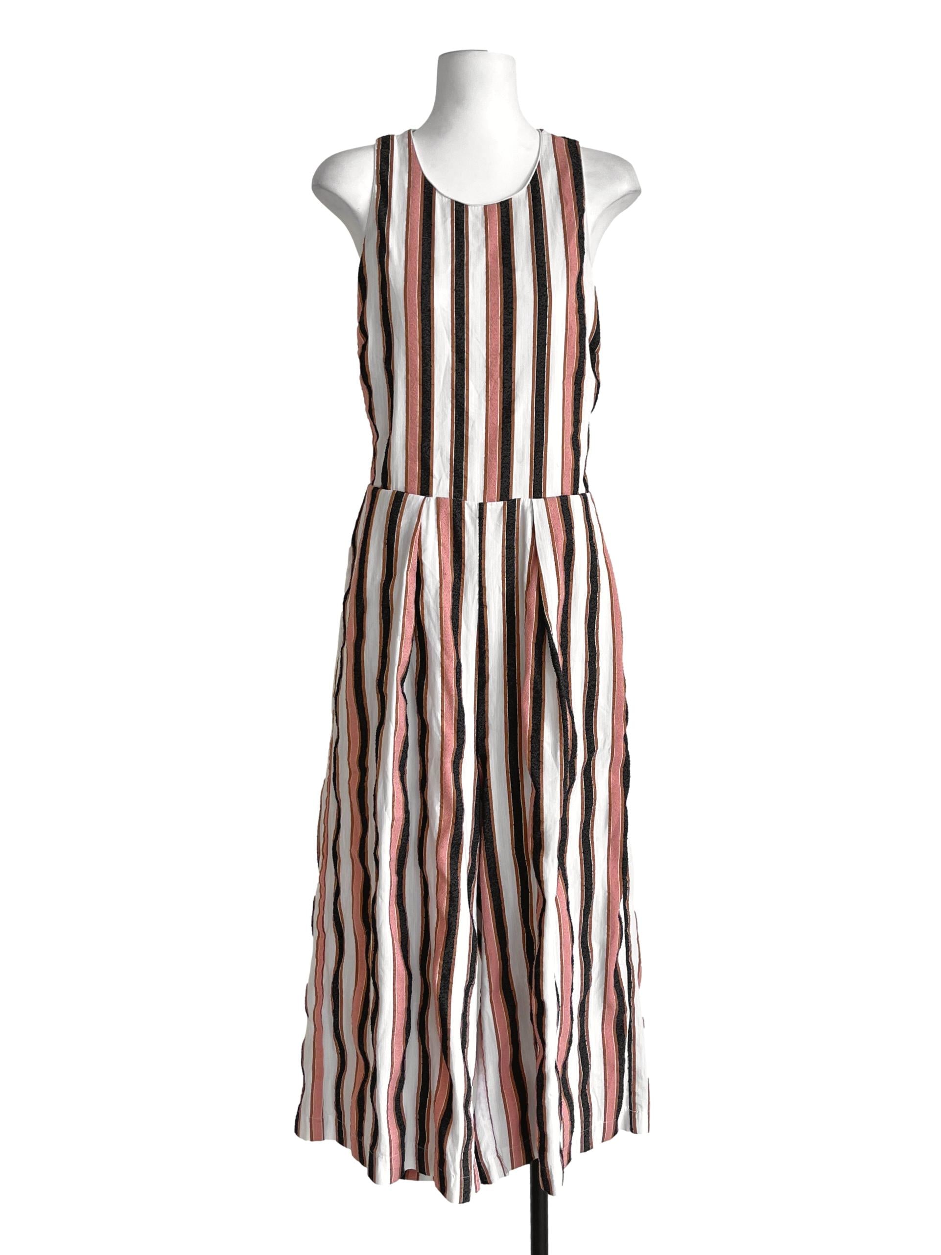 Cotton White Striped Printed Sleeveless Jumpsuits