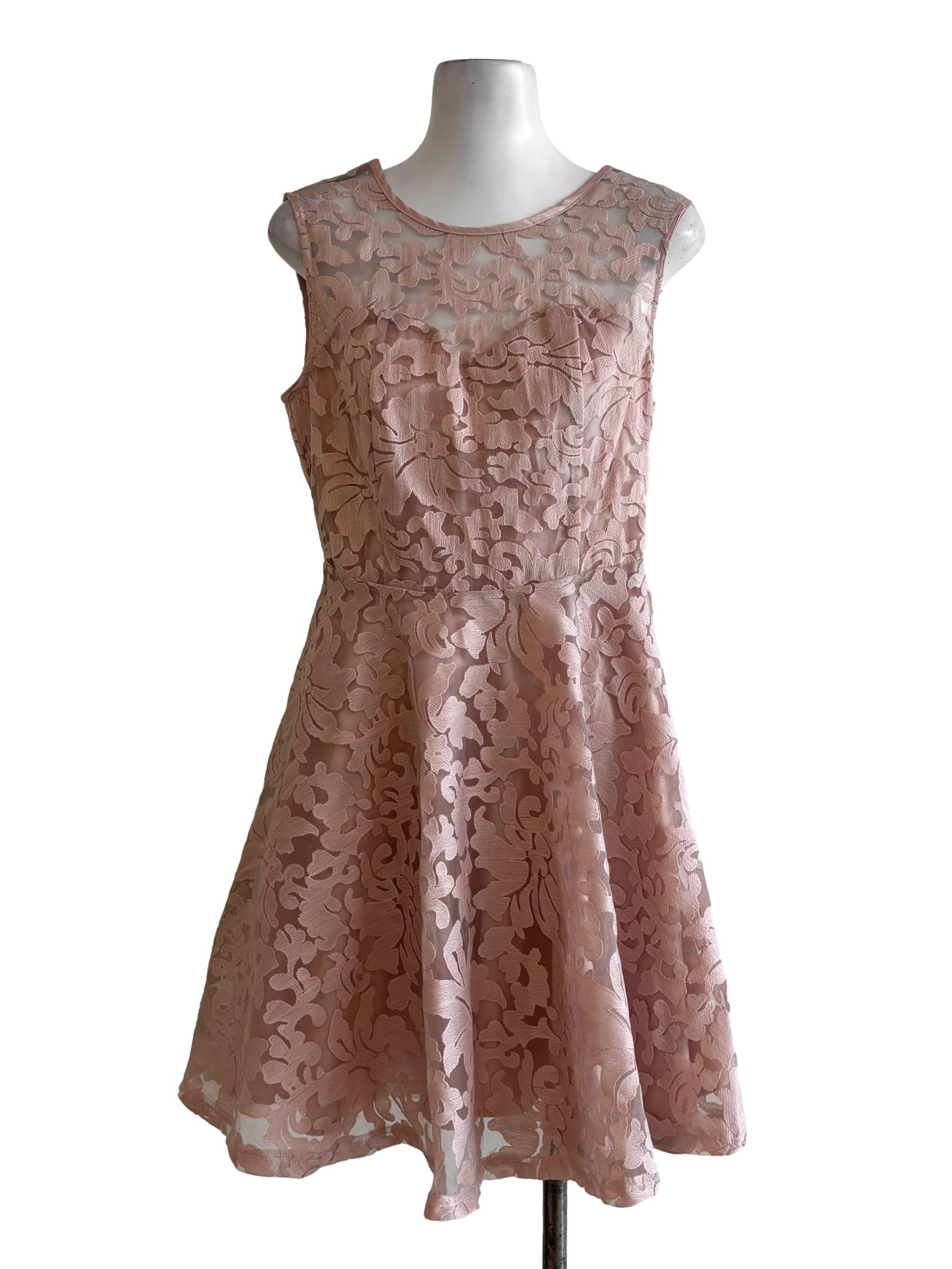 Pastel Pink Sleeveless Illusion Neck Embroidered Dress