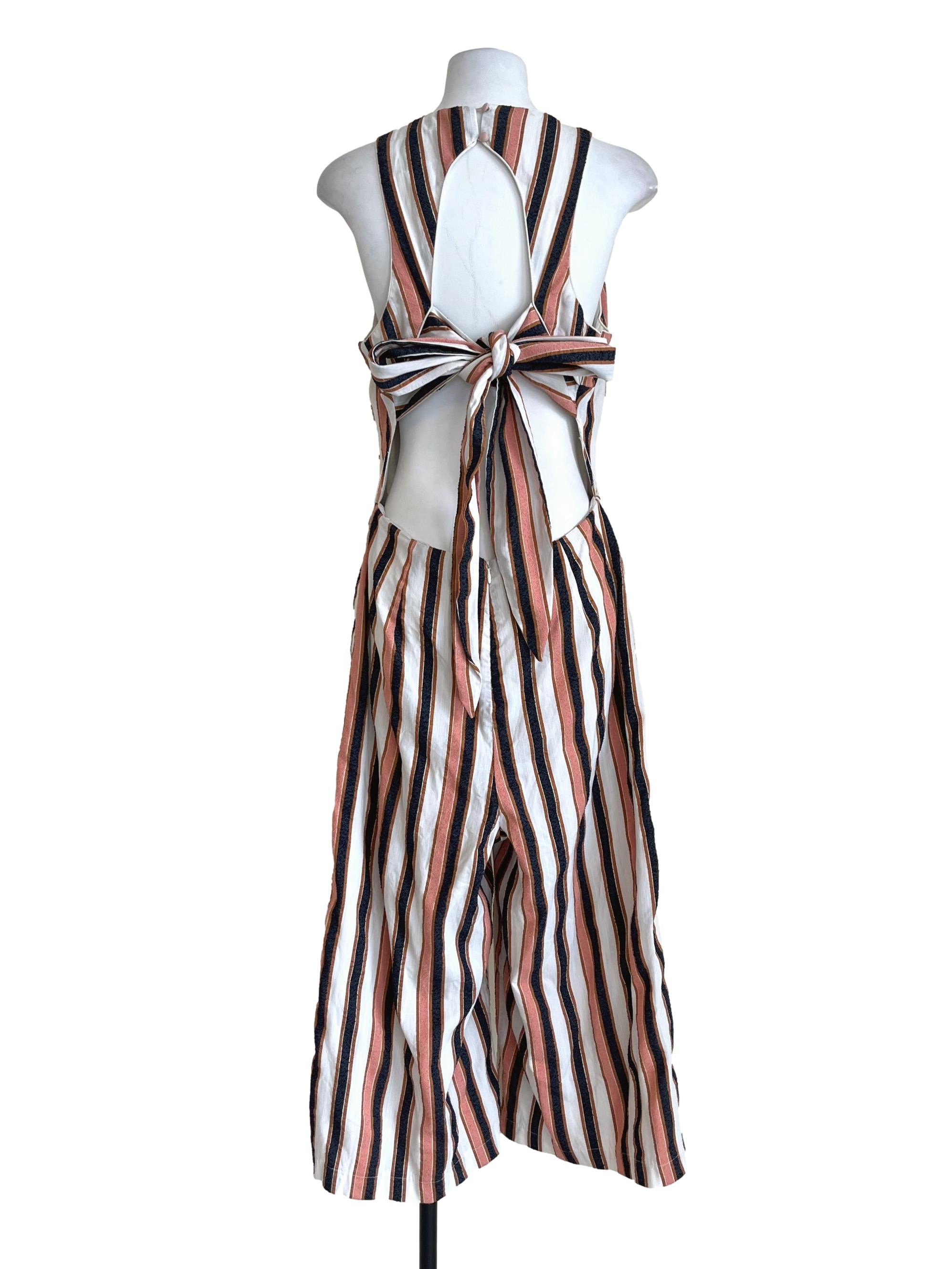 Cotton White Striped Printed Sleeveless Jumpsuits
