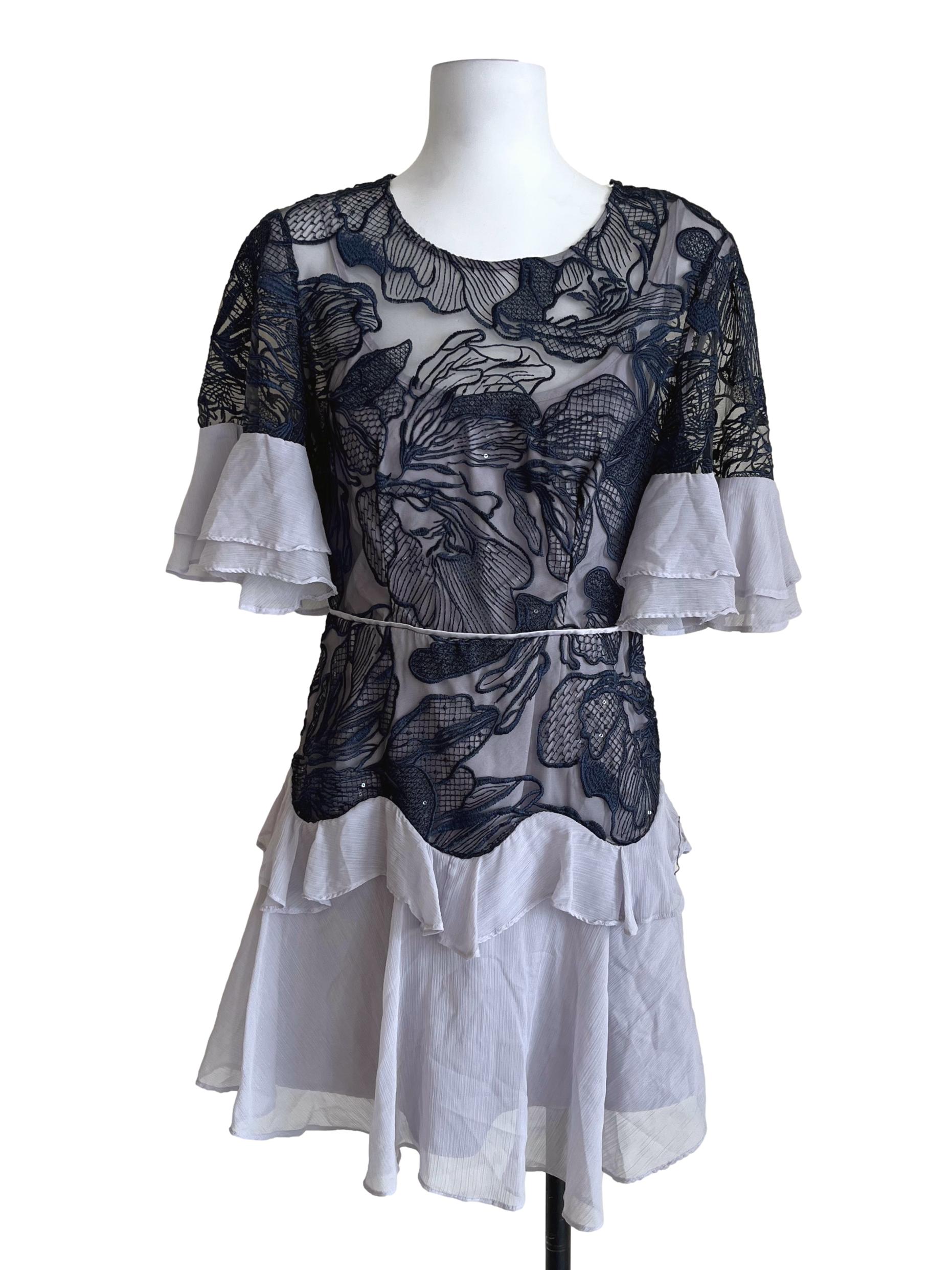 Navy Blue Lace Ruffle Mini Dress