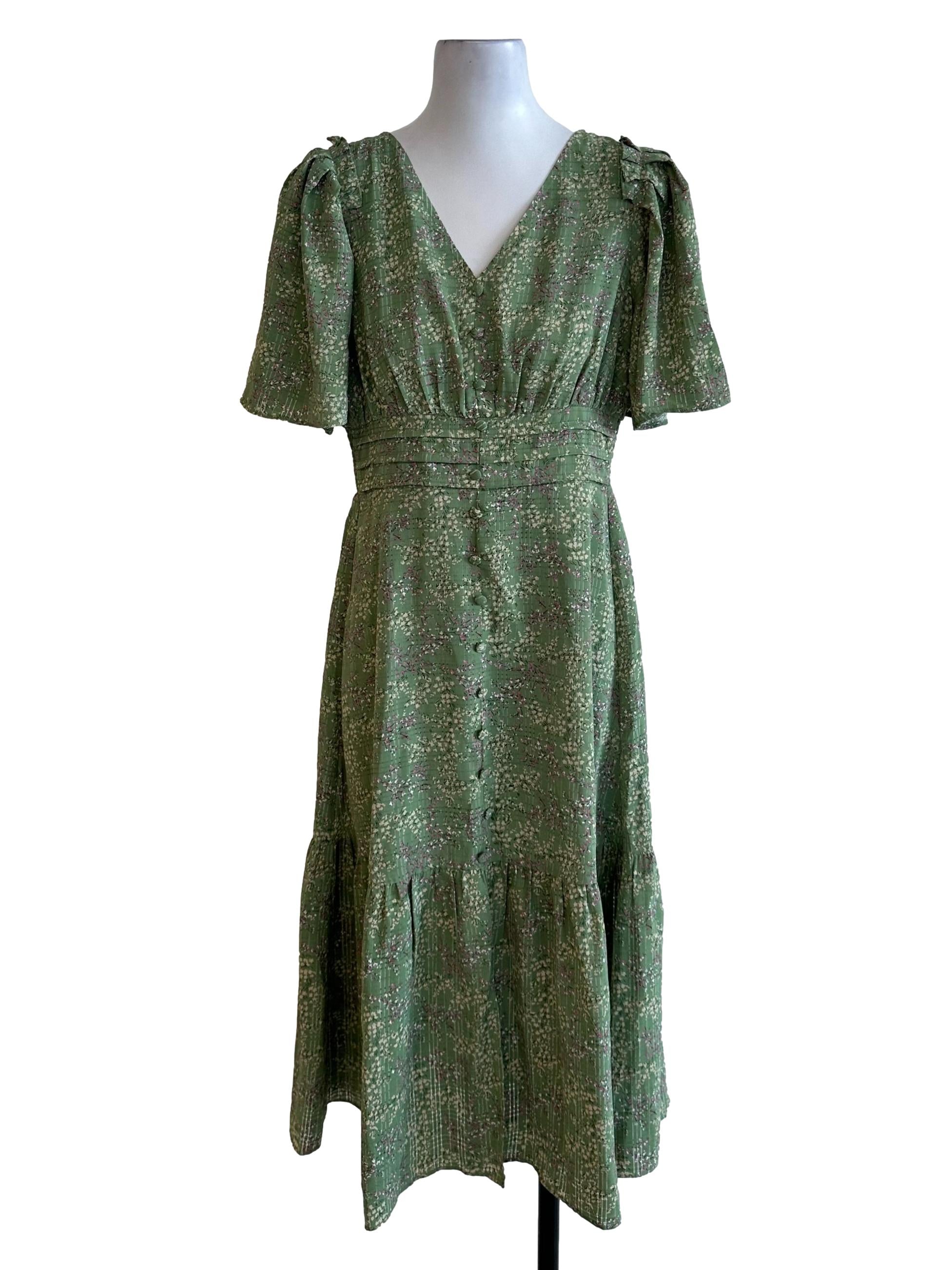 Pastel Green Pattern V Neck Button Dress