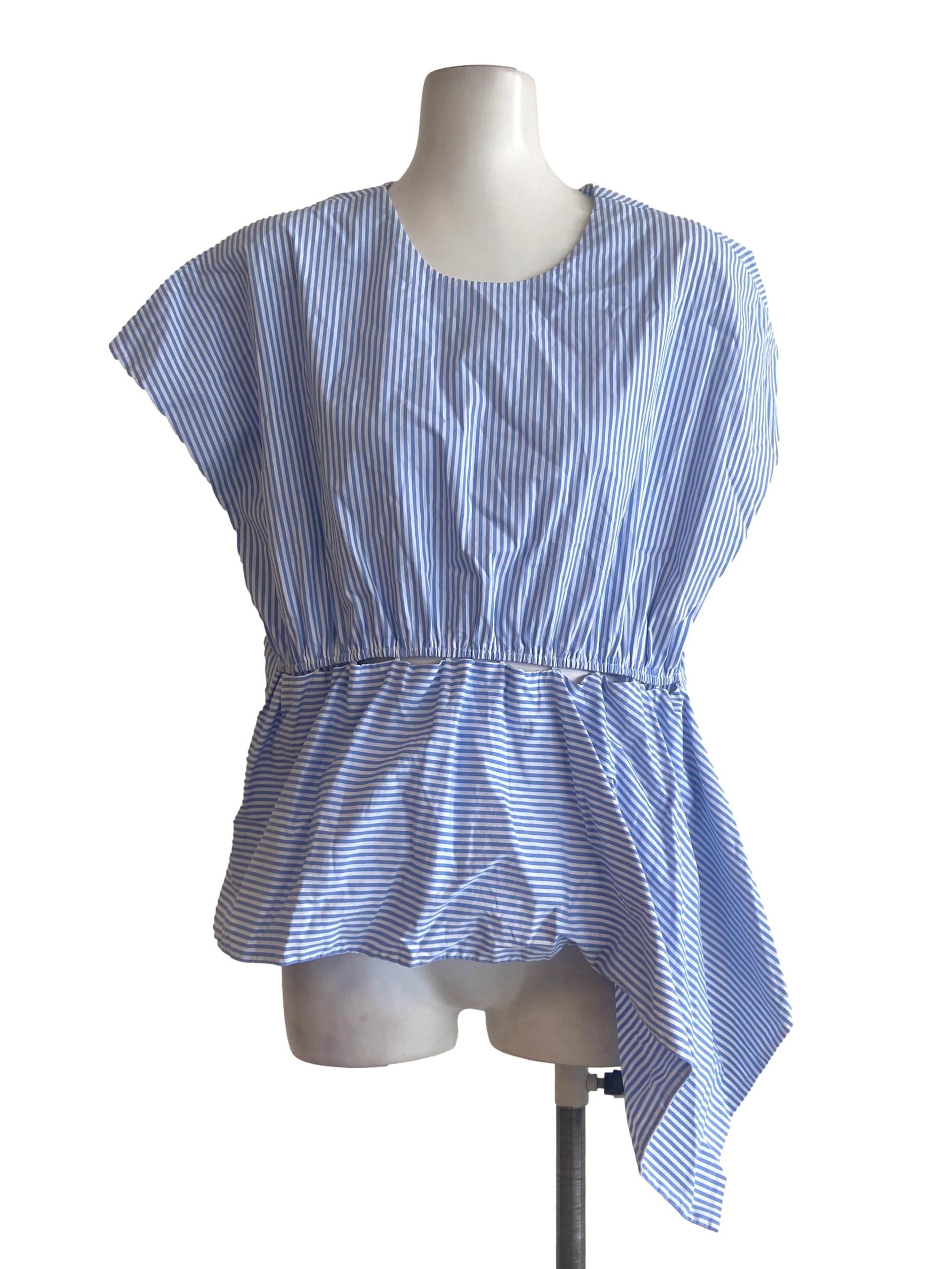 Blue & White Stripe Asymmetric Blouse