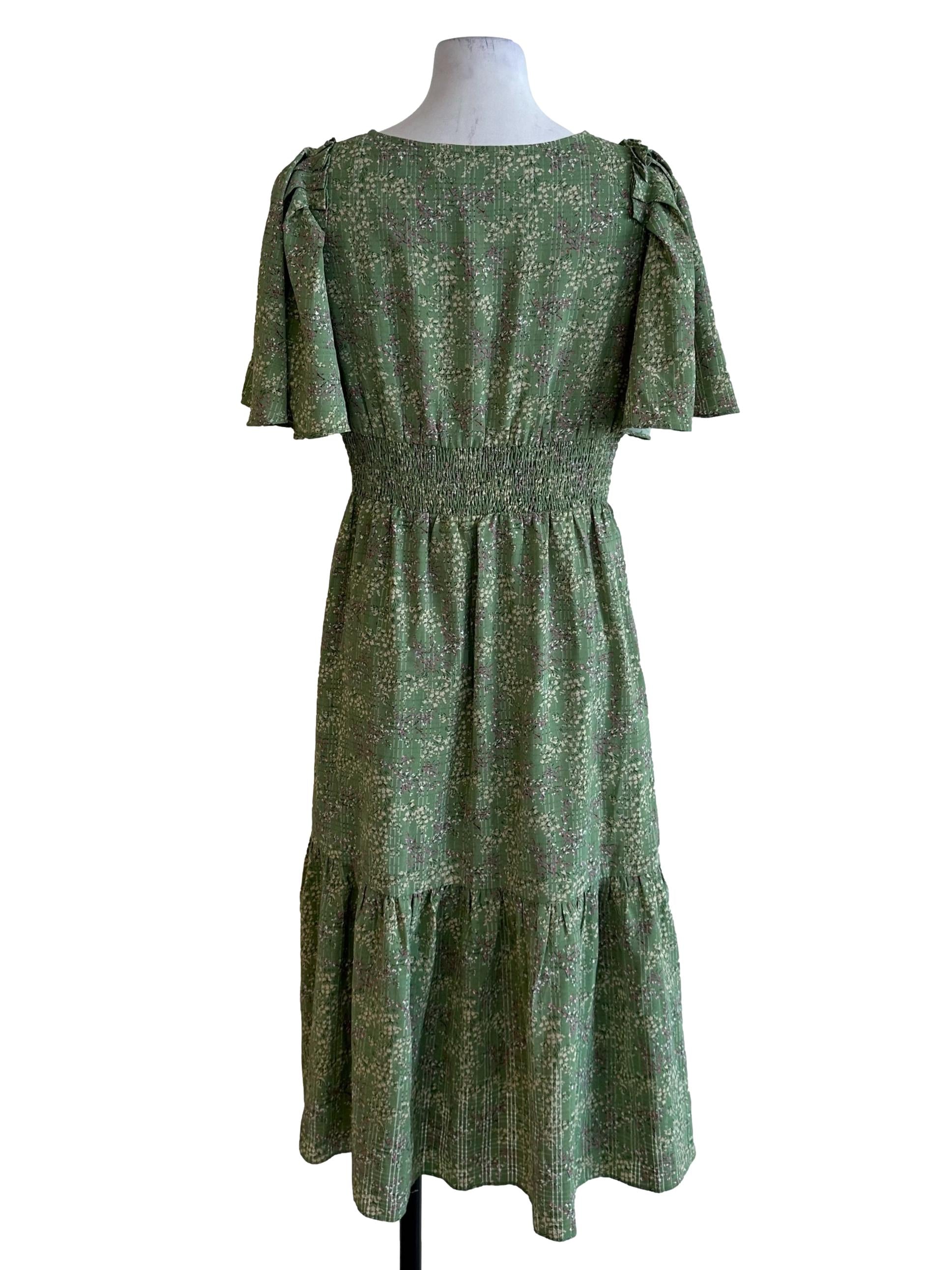Pastel Green Pattern V Neck Button Dress