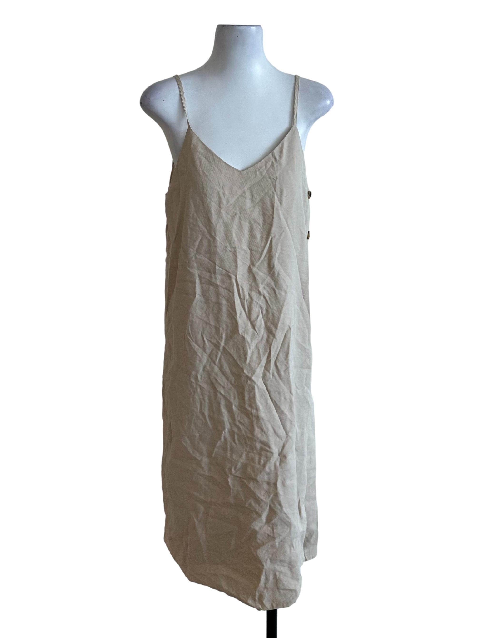 Latte Beige V Neck Side Button Dress