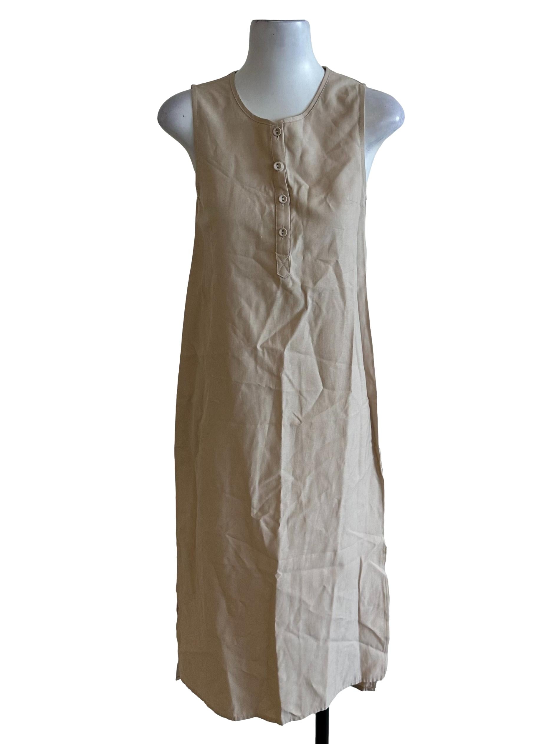 Light Beige Round Neck Button Dress