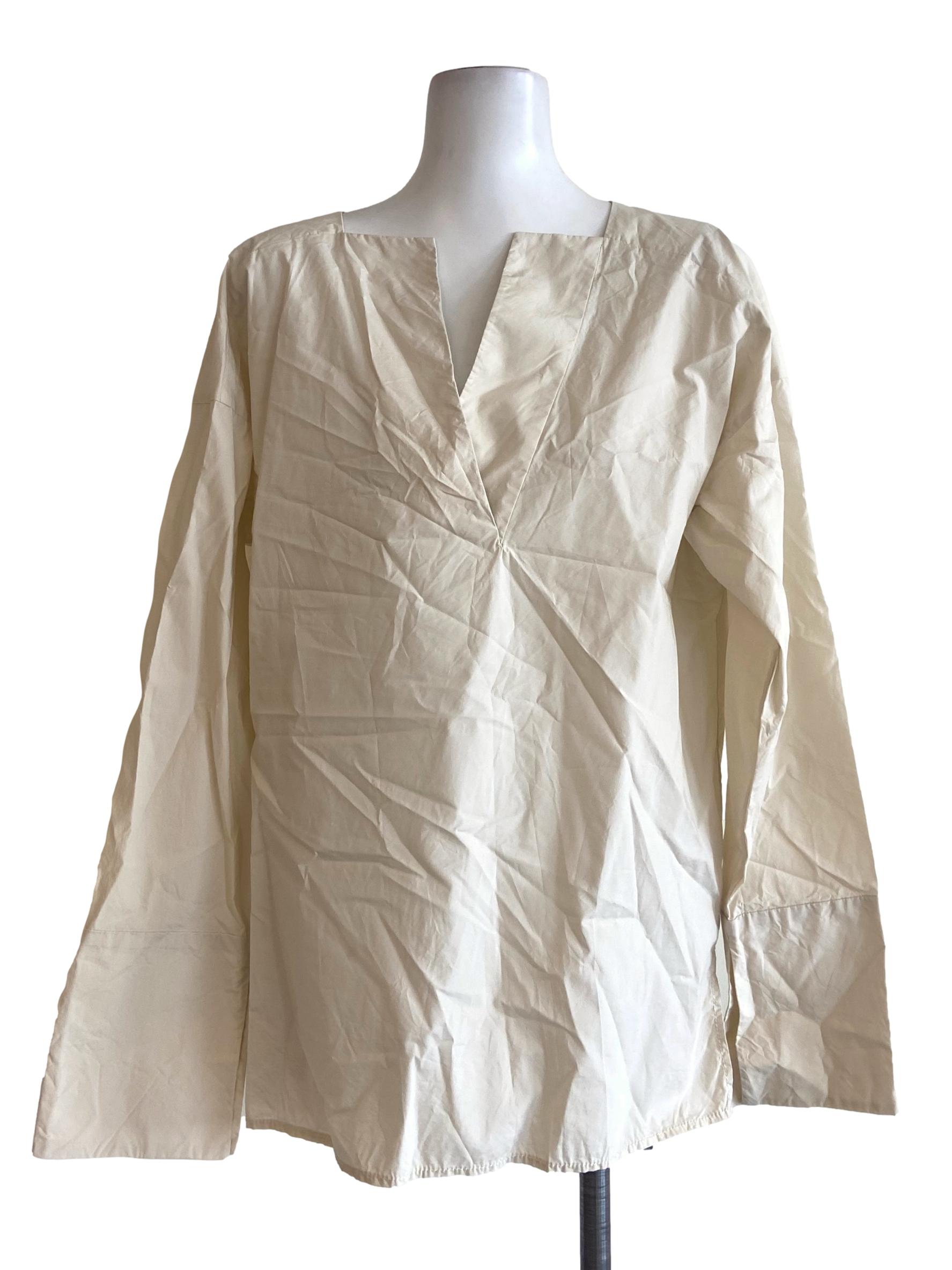 Cream Beige V Neck Slit Blouse