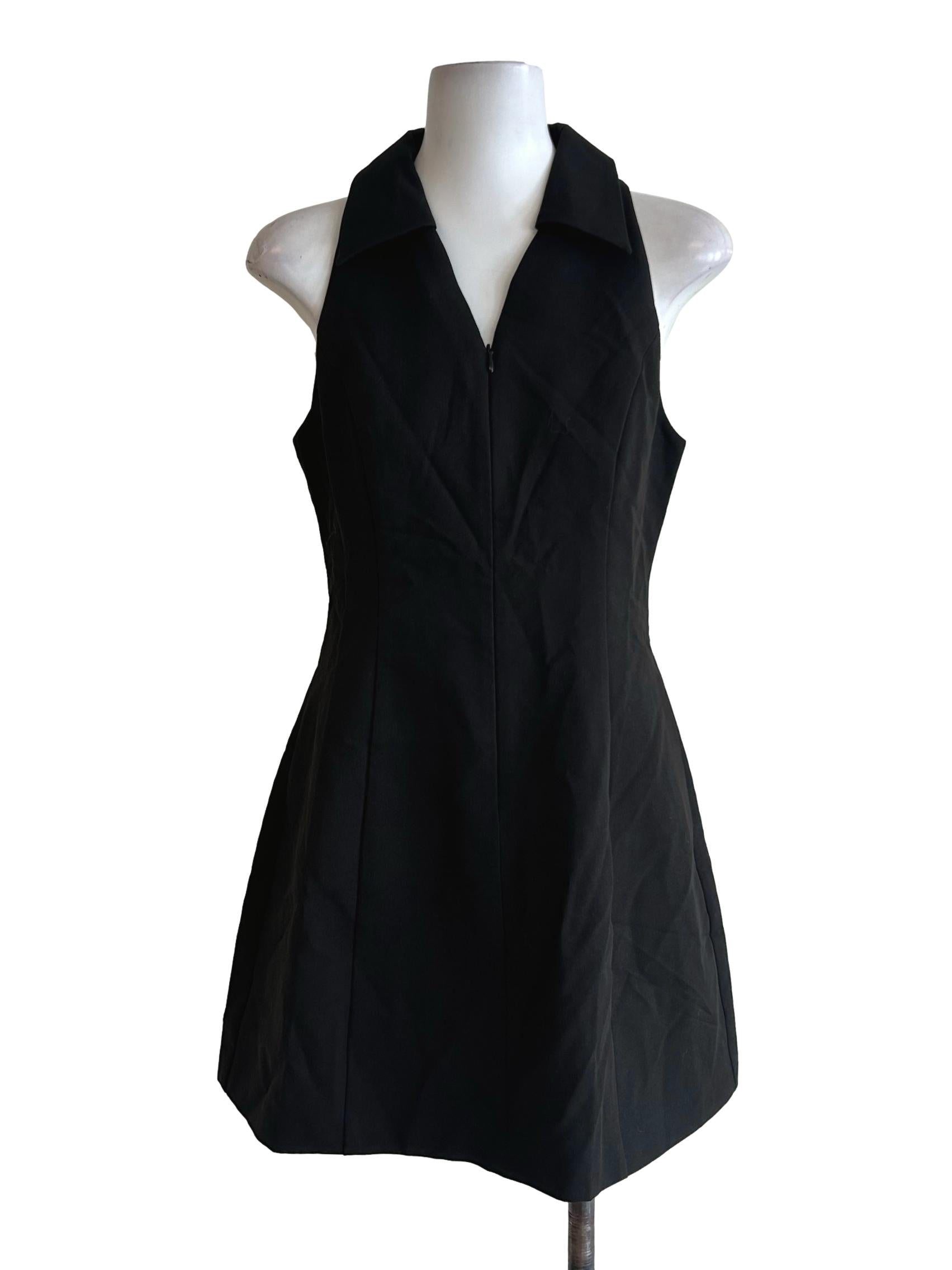 Matte Black Zip Front Collared Dress