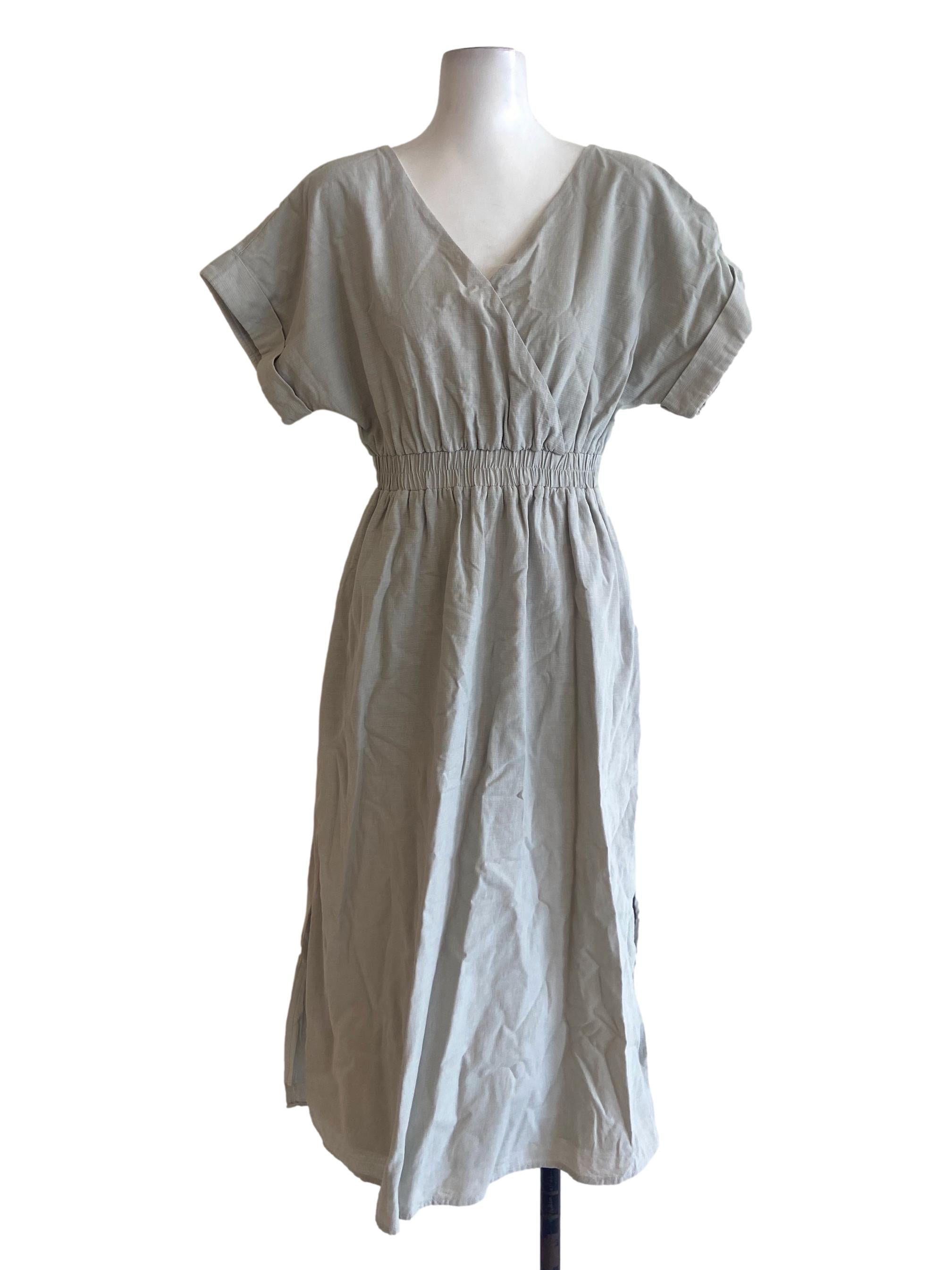 Textured Cotton V-Neck Dress OSN