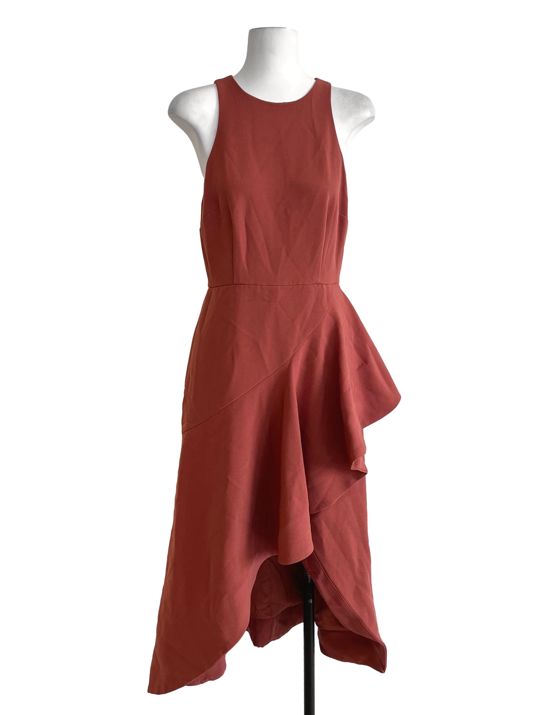 Brick Red Asymmetric Ruffle Dress