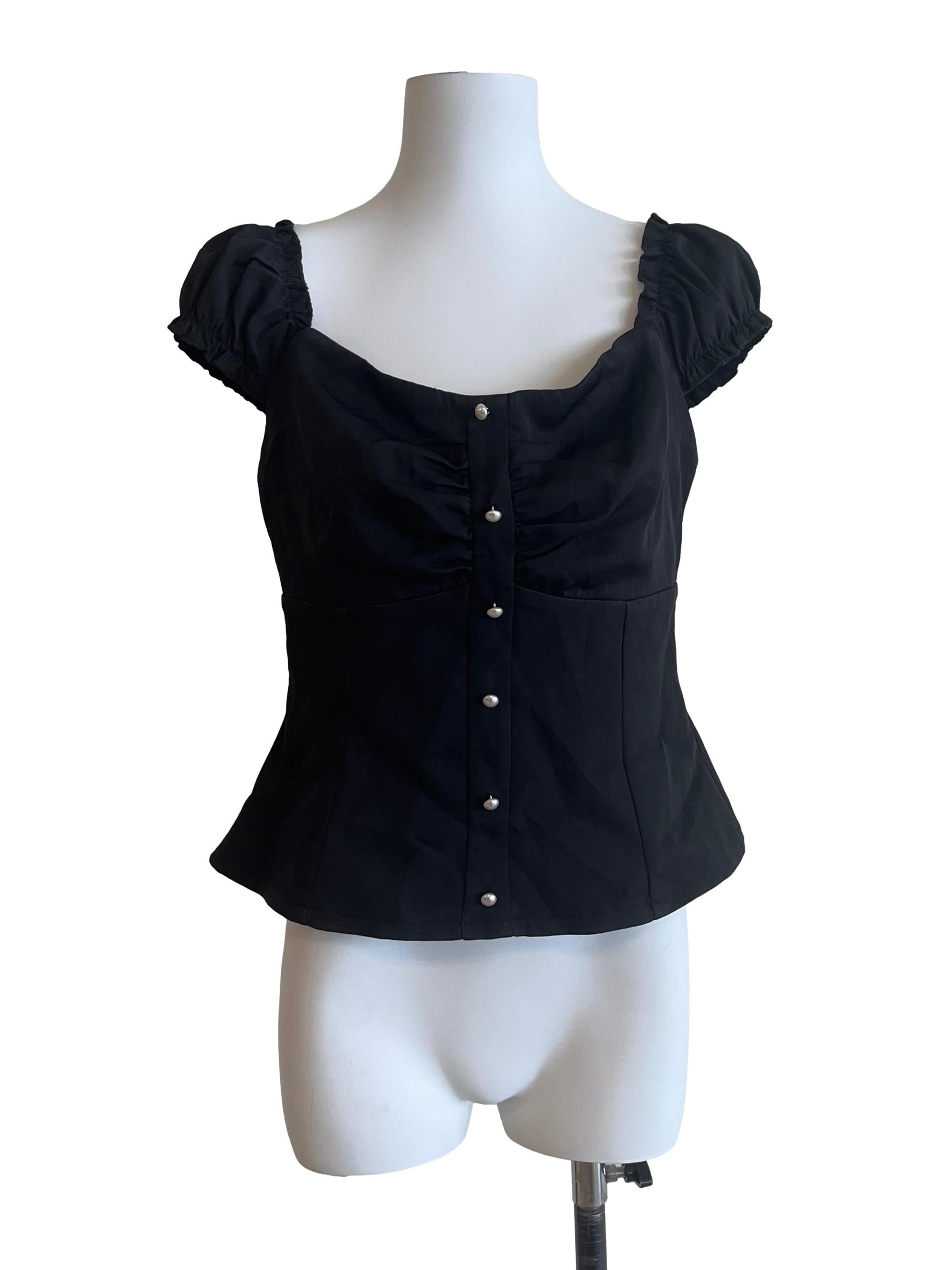 Jade Black Short Sleeve Pearl Button Top