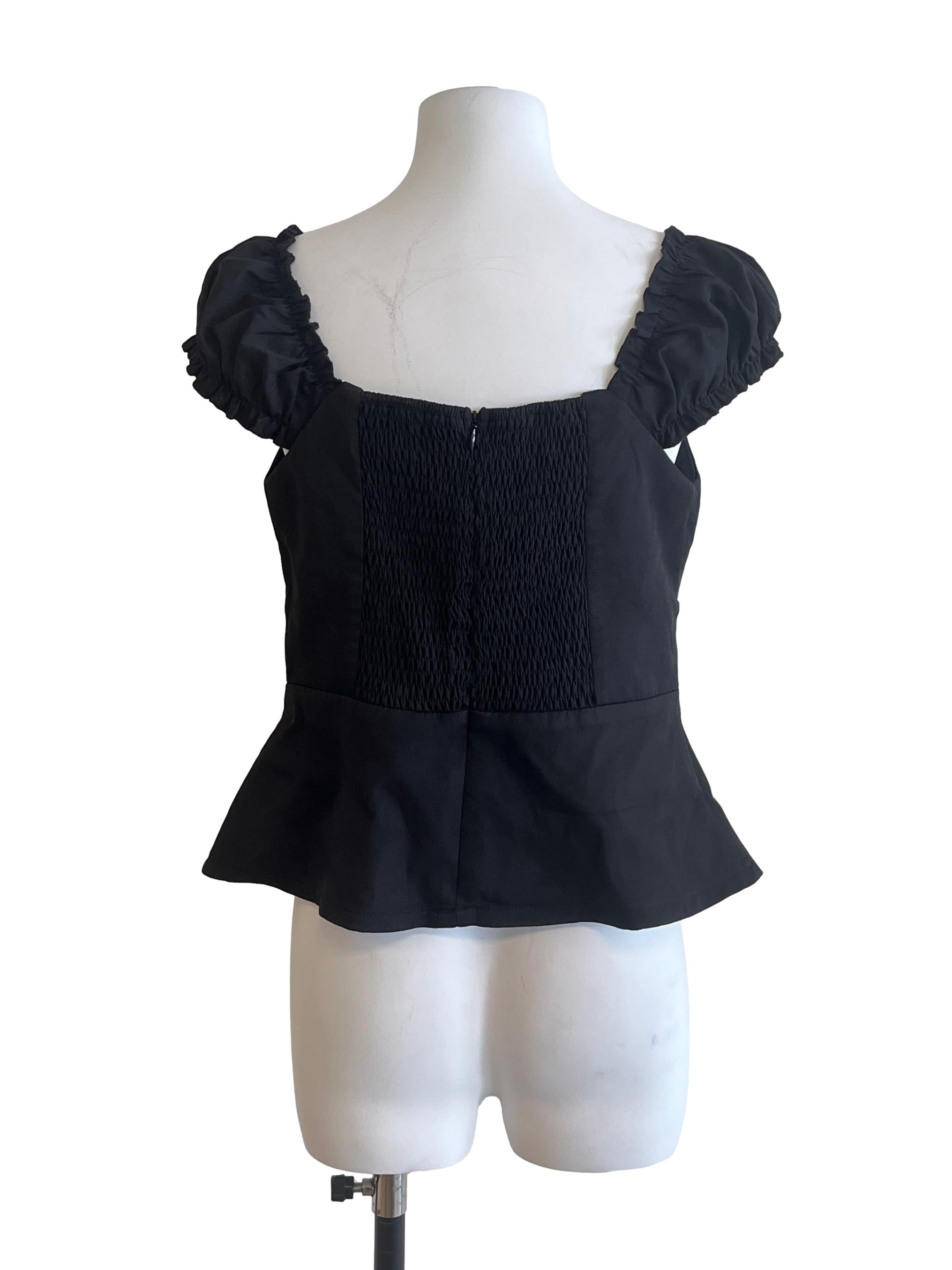 Jade Black Short Sleeve Pearl Button Top