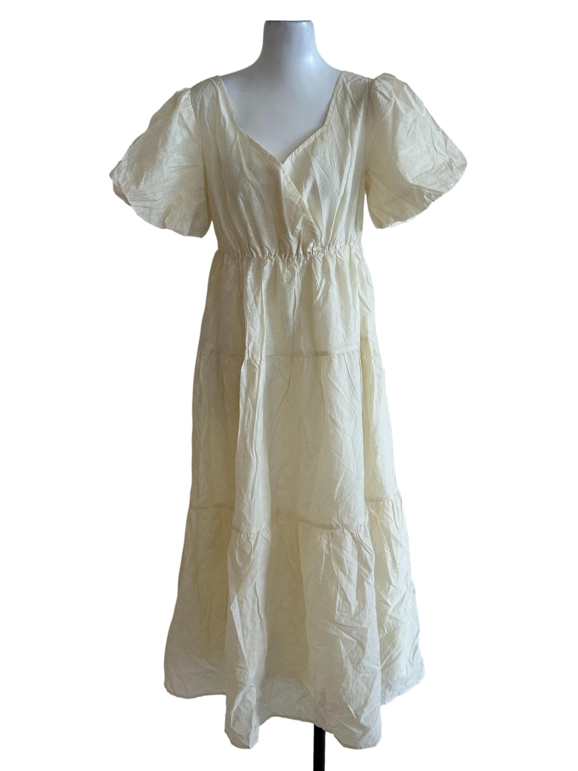 Cream Yellow Textured Tiered Puff Sleeve Dress