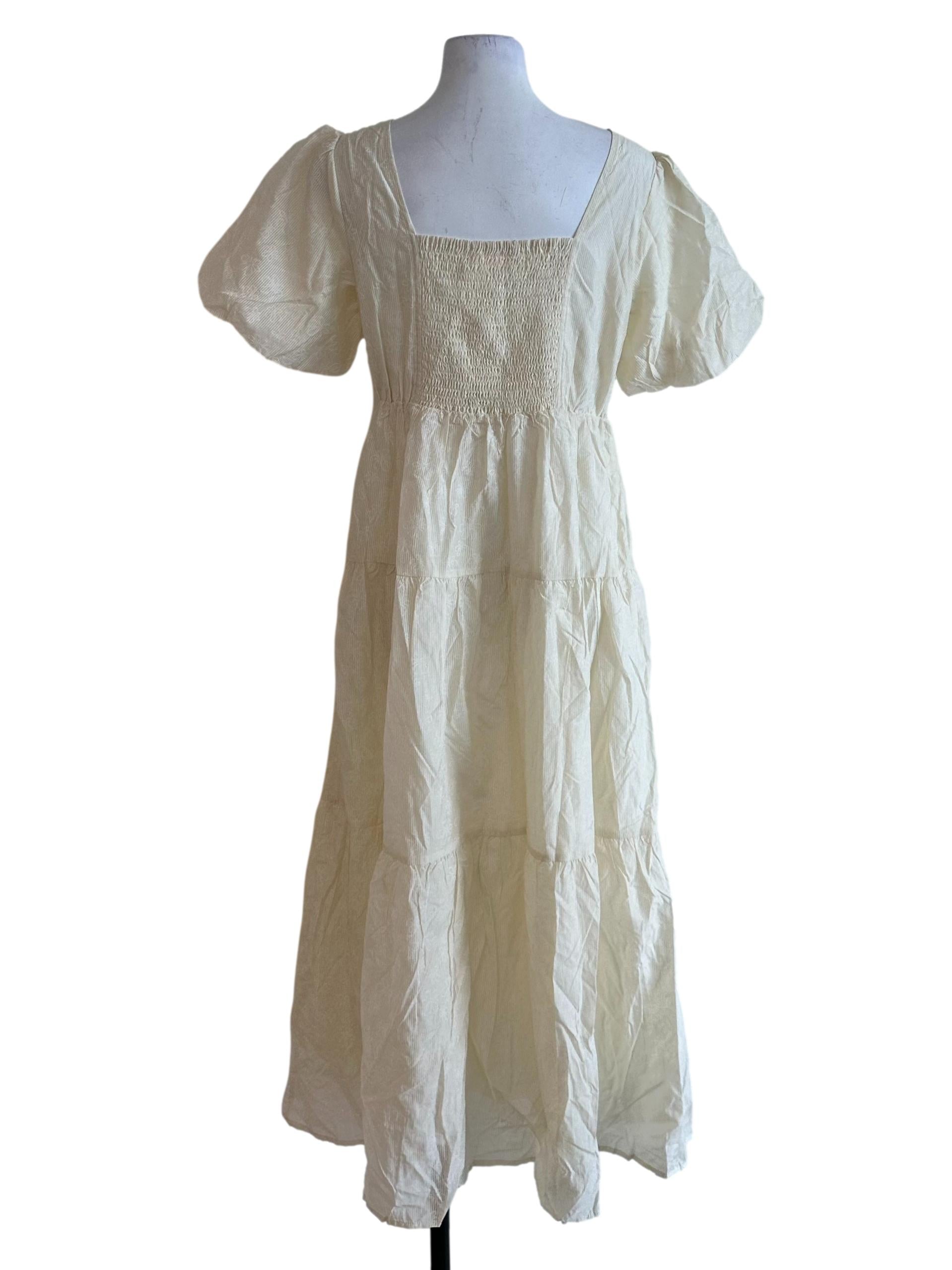 Cream Yellow Textured Tiered Puff Sleeve Dress