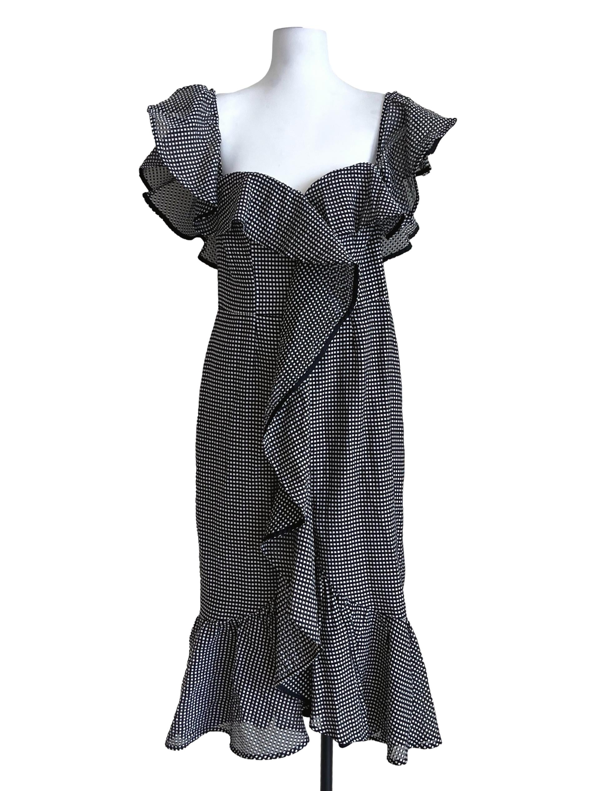 Onyx Black & White Gingham Ruffle Midi Dress