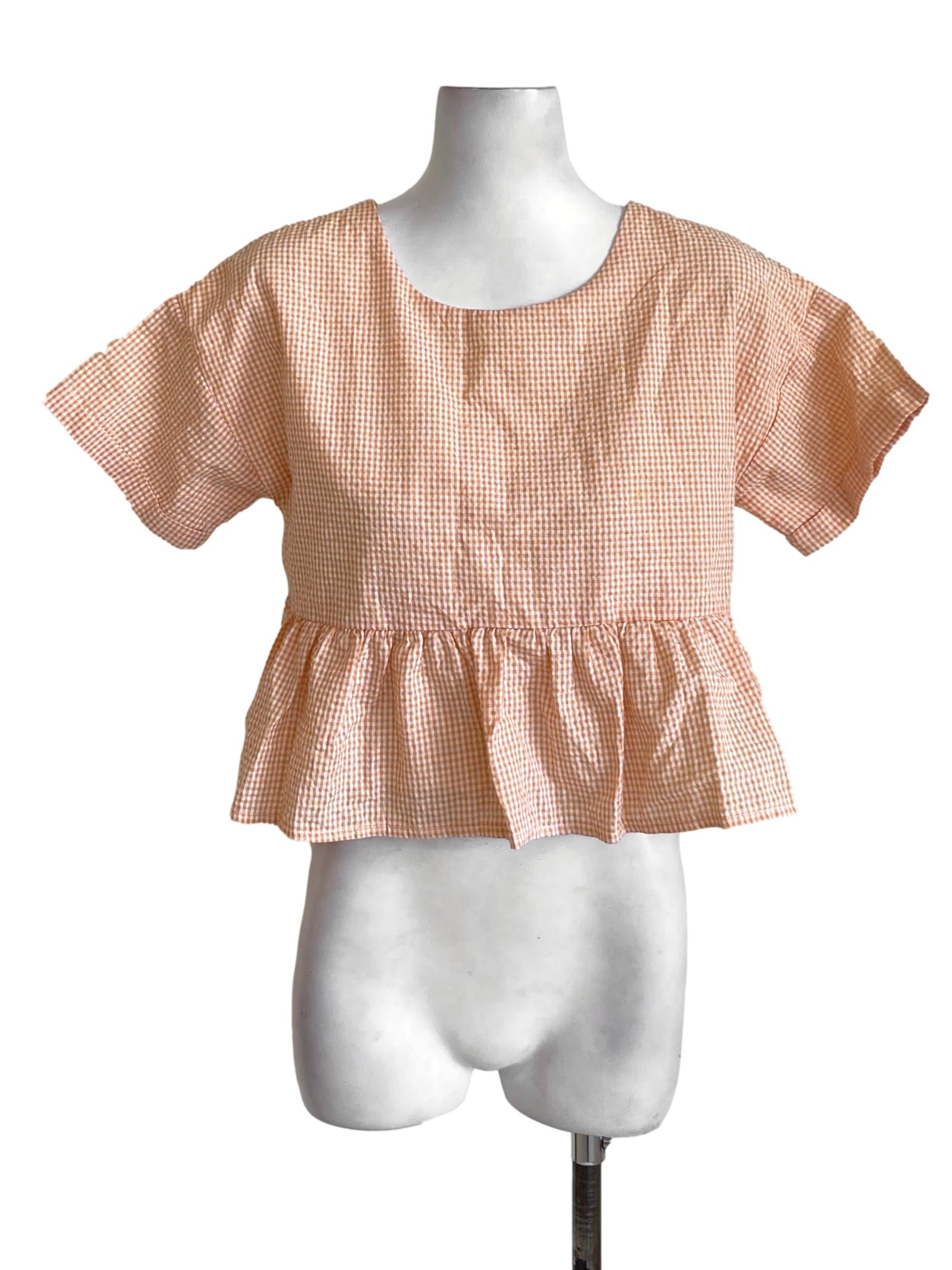 Pastel Orange Plaid Rolled-Up Sleeved Cropped Peplum Top