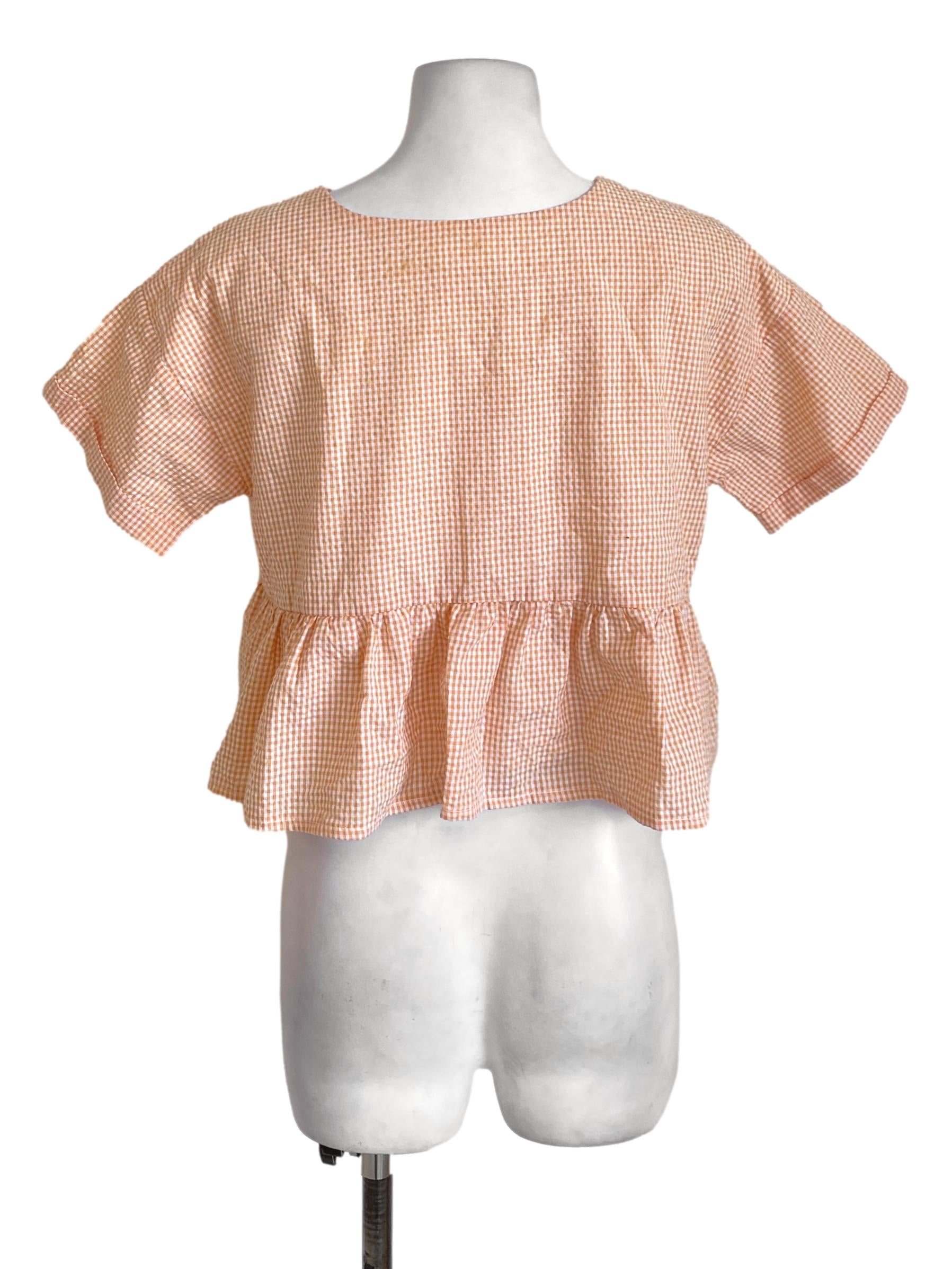 Pastel Orange Plaid Rolled-Up Sleeved Cropped Peplum Top