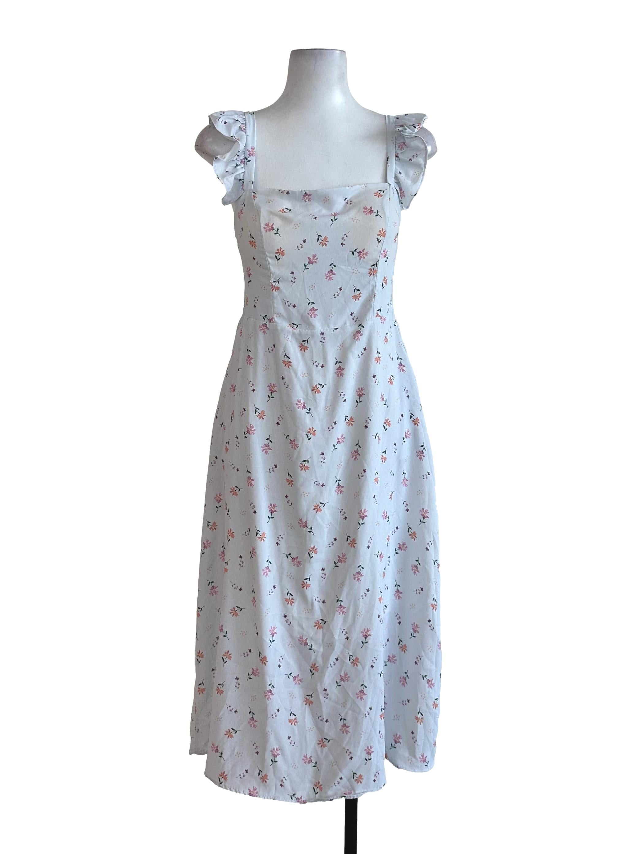 Pale Blue Floral Square Neck Dress