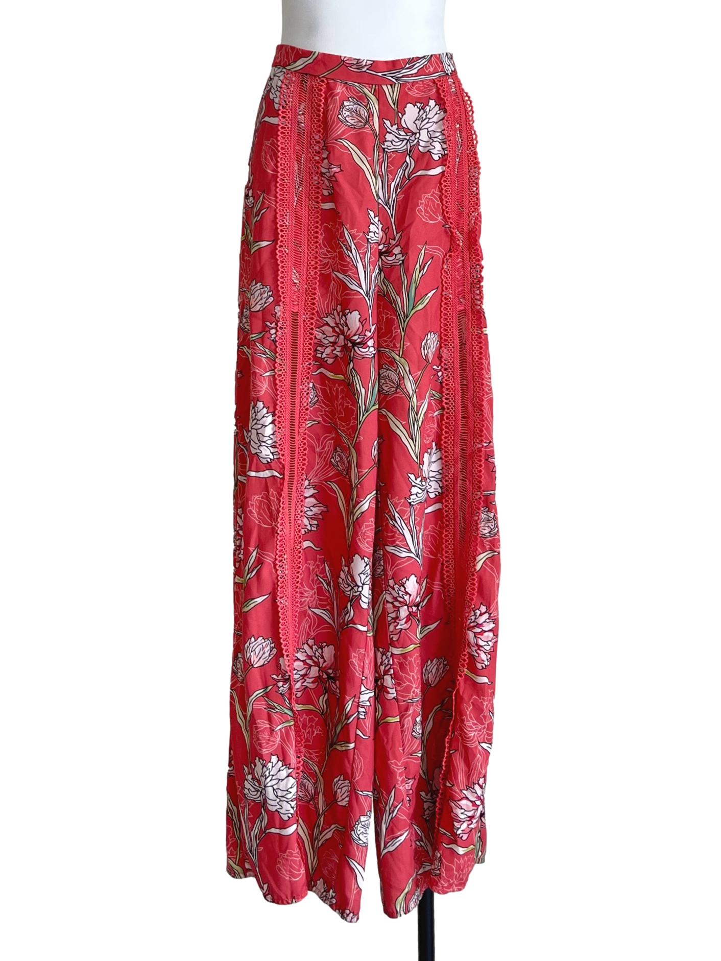Coral Pink Floral Wide-Leg Pants
