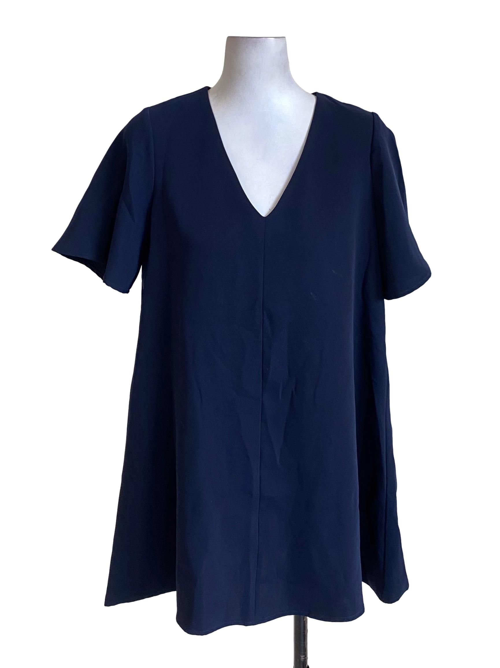 Midnight Blue V-Neck Short Sleeved Trapezoid Dress