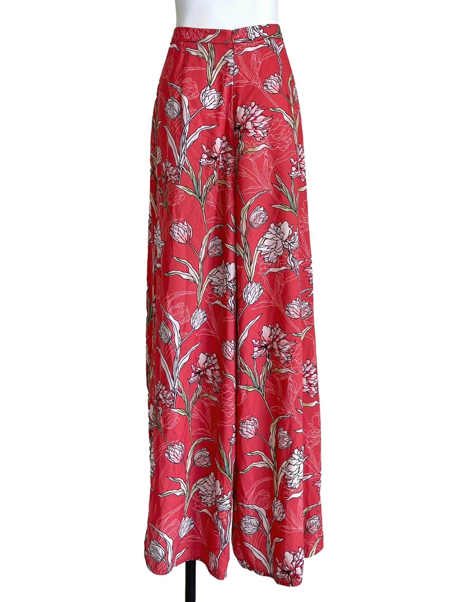 Coral Pink Floral Wide-Leg Pants