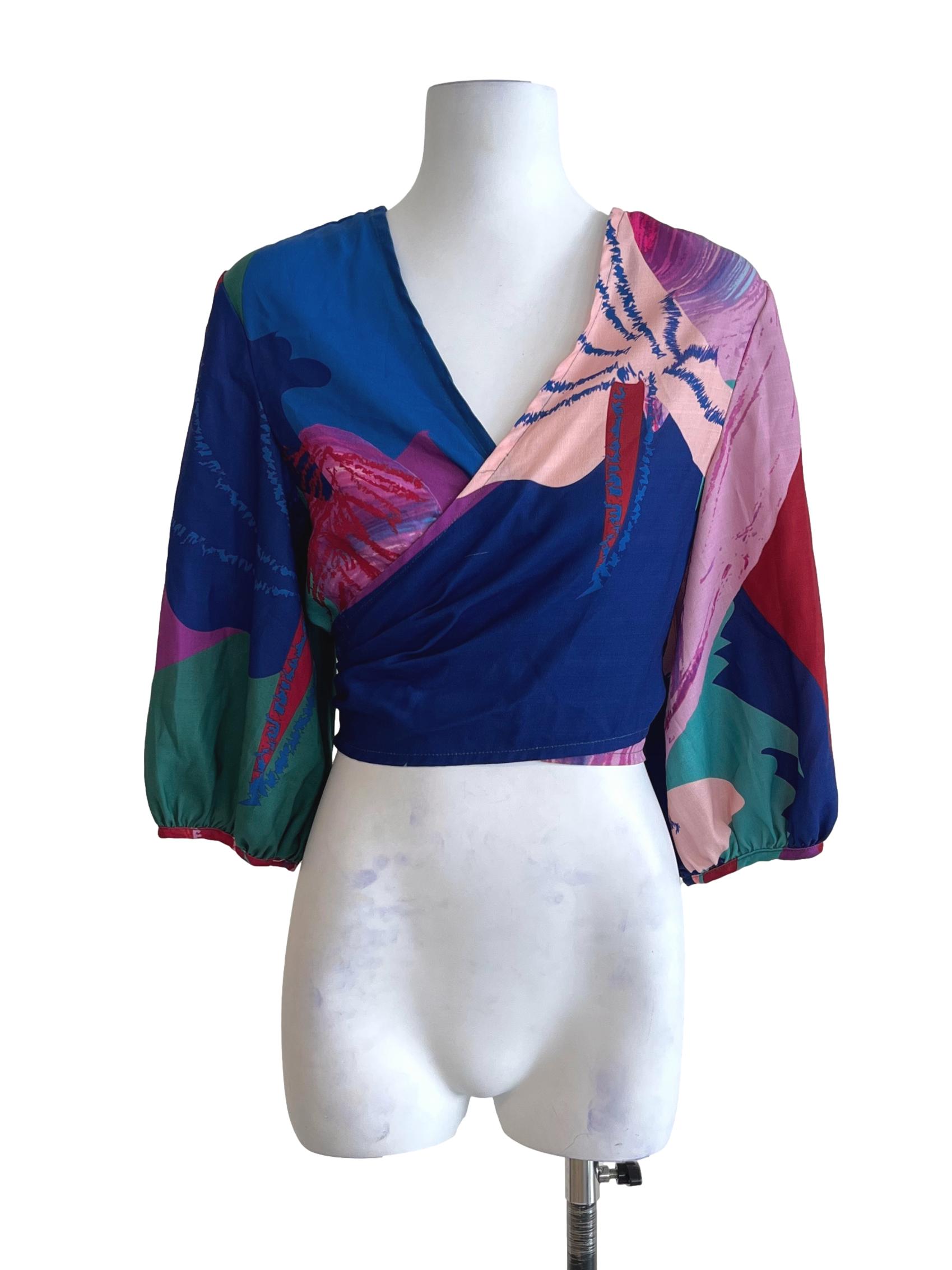 Berry Blue Multicolor Printed Wrap Crop Tops