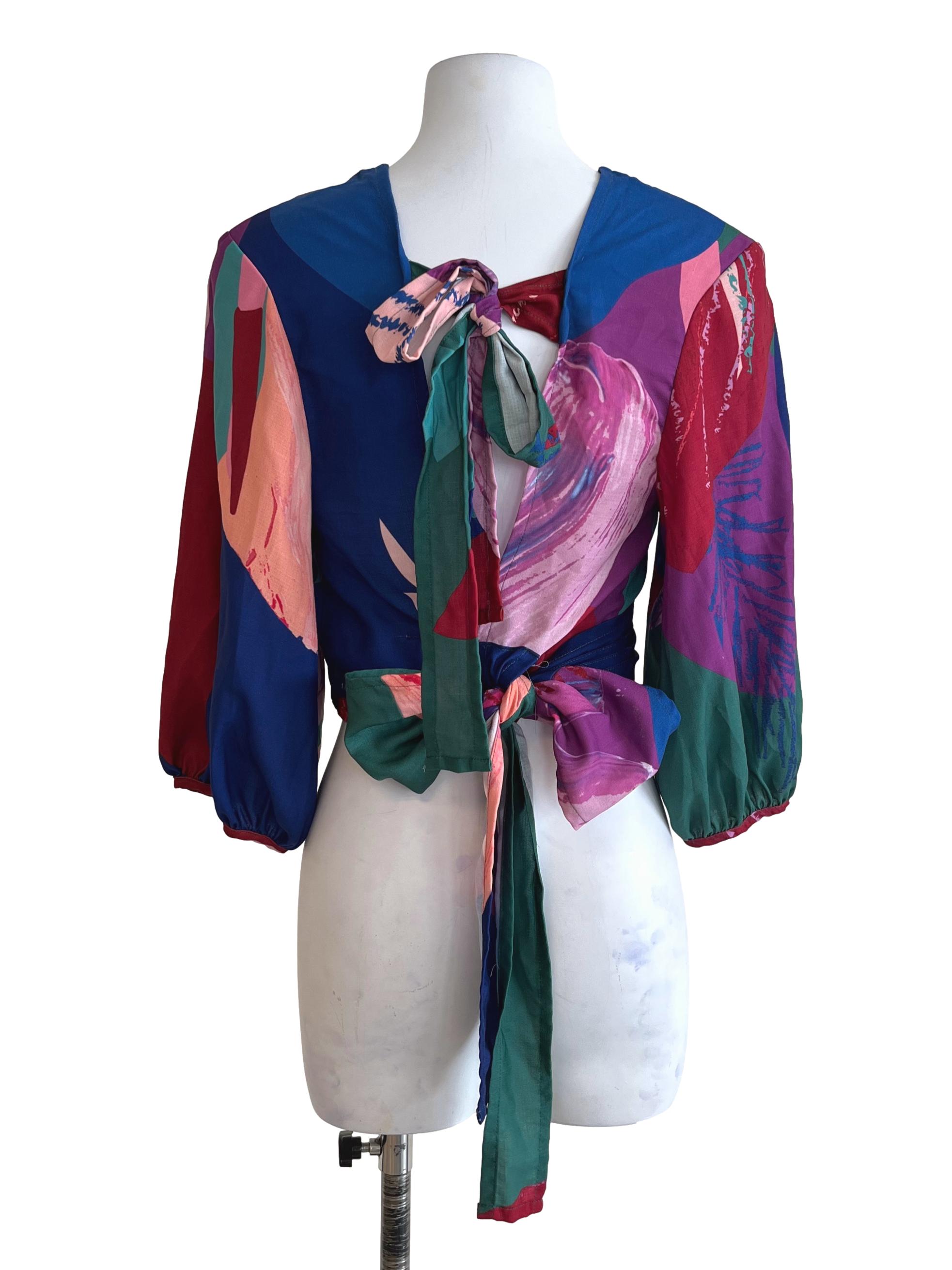 Berry Blue Multicolor Printed Wrap Crop Tops