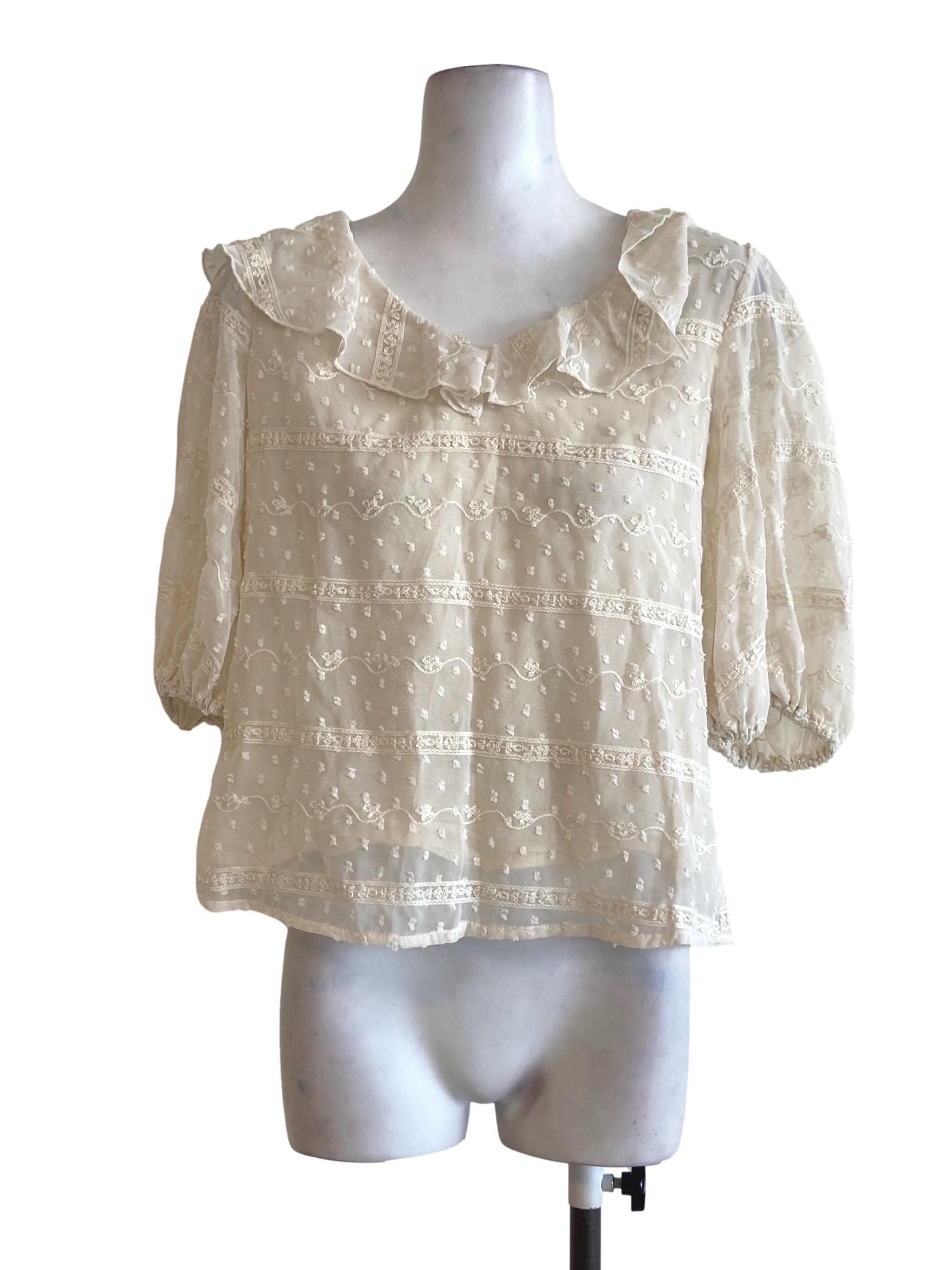 Egg Shell Beige Dot Puritan Collar Blouse