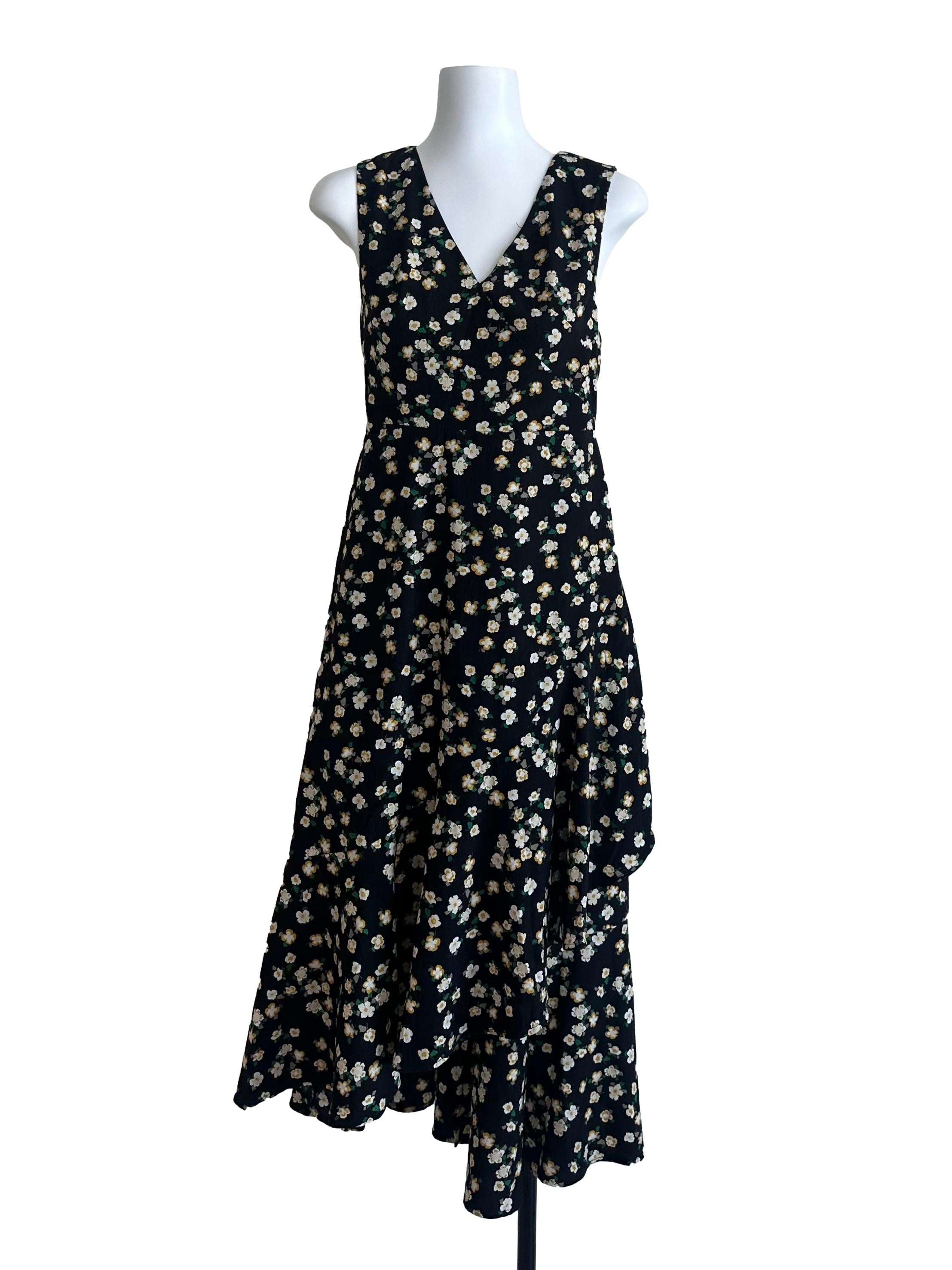 Black Yellow Floral V Neck Ruffled Dress