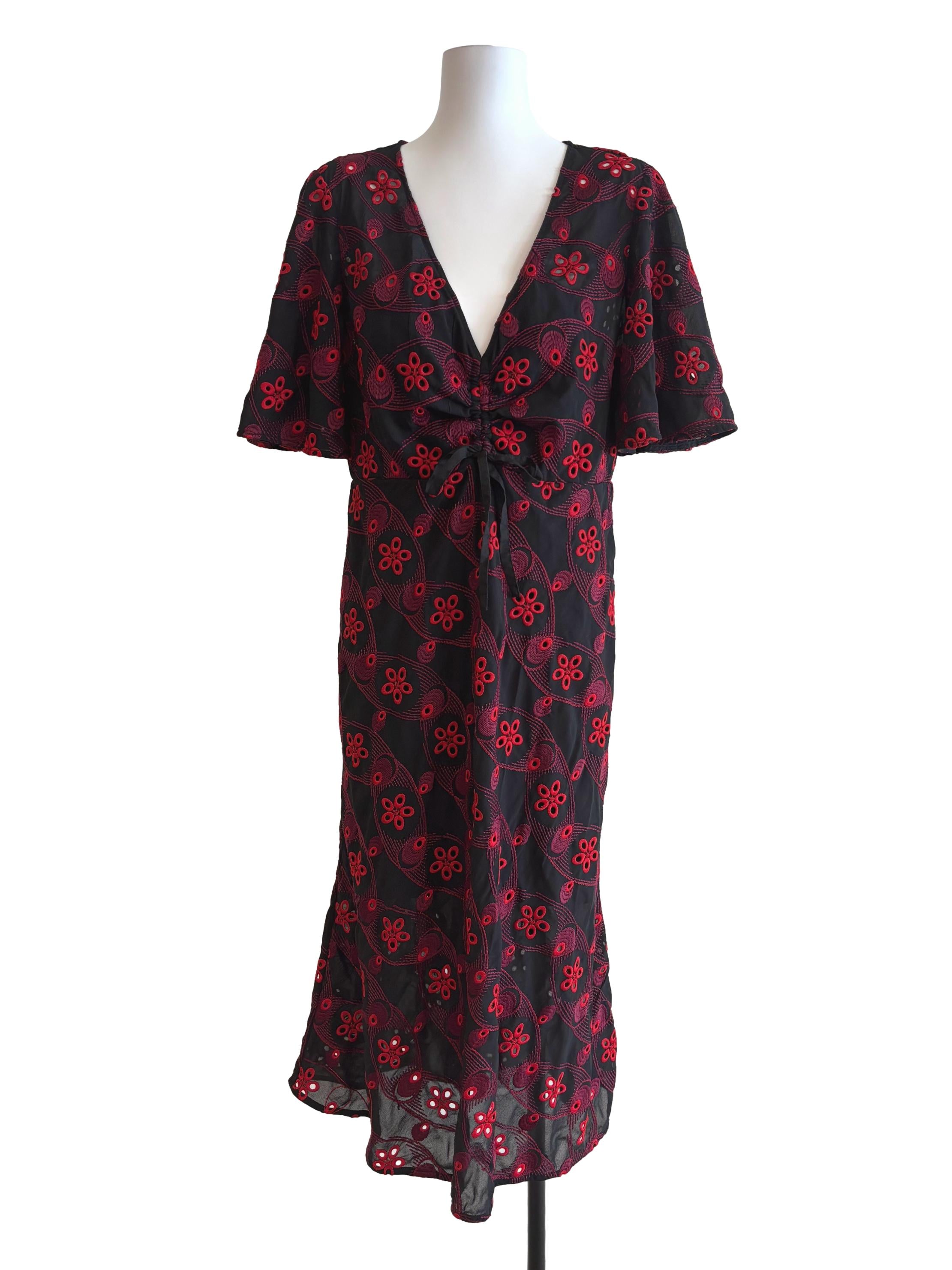 Soft Black Red Embroidered V-Neck Dress