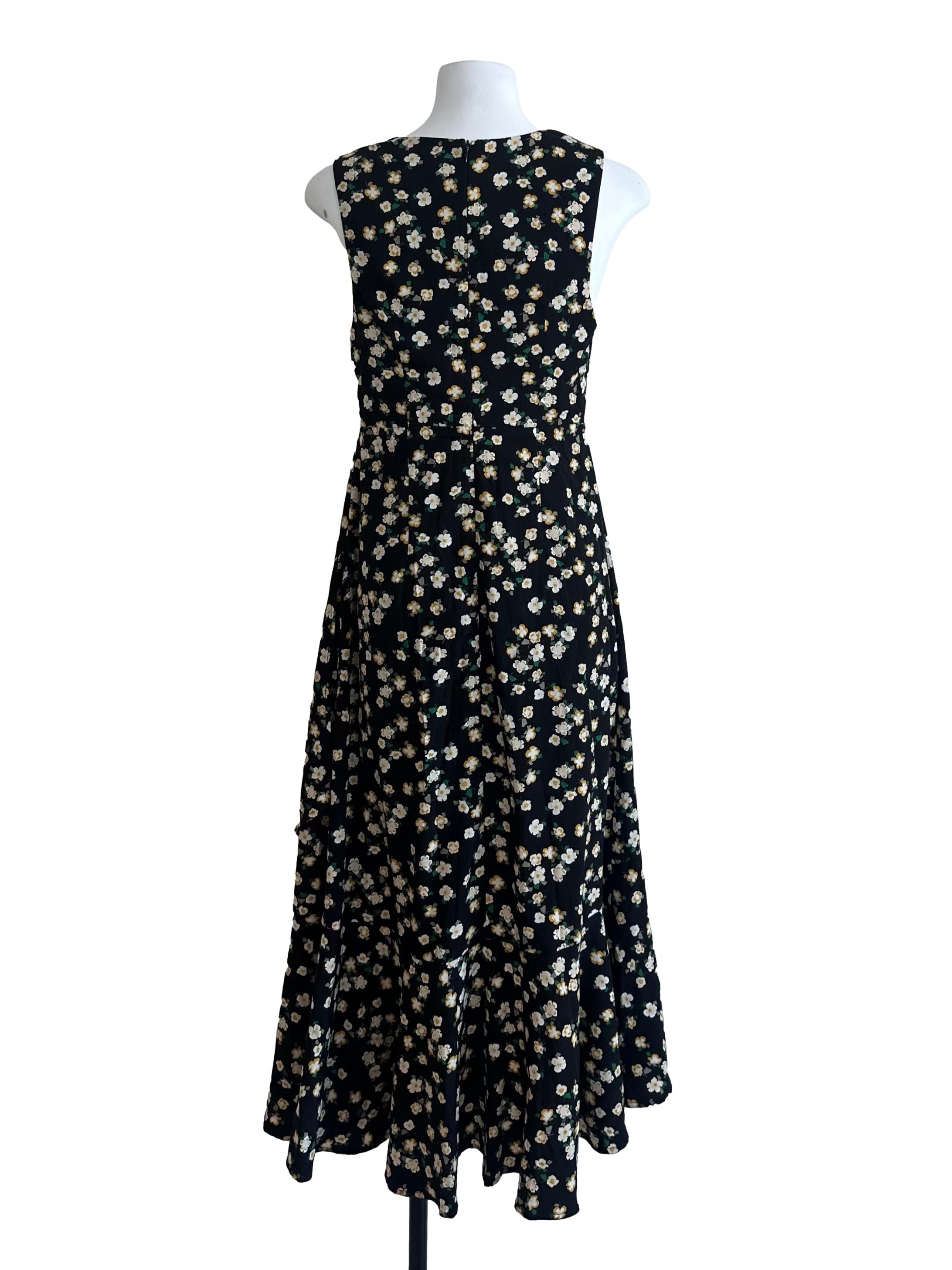 Black Yellow Floral V Neck Ruffled Dress