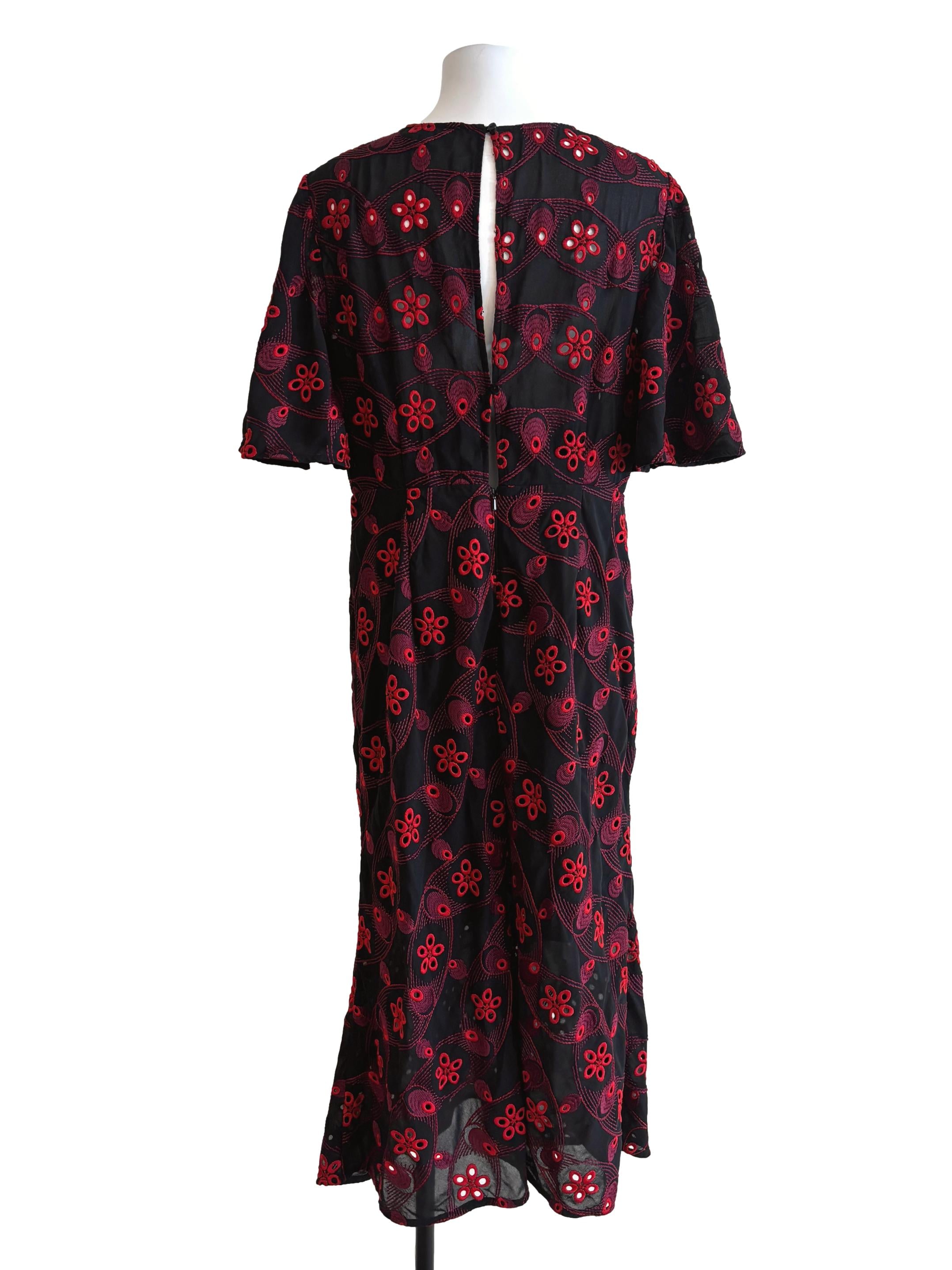 Soft Black Red Embroidered V-Neck Dress
