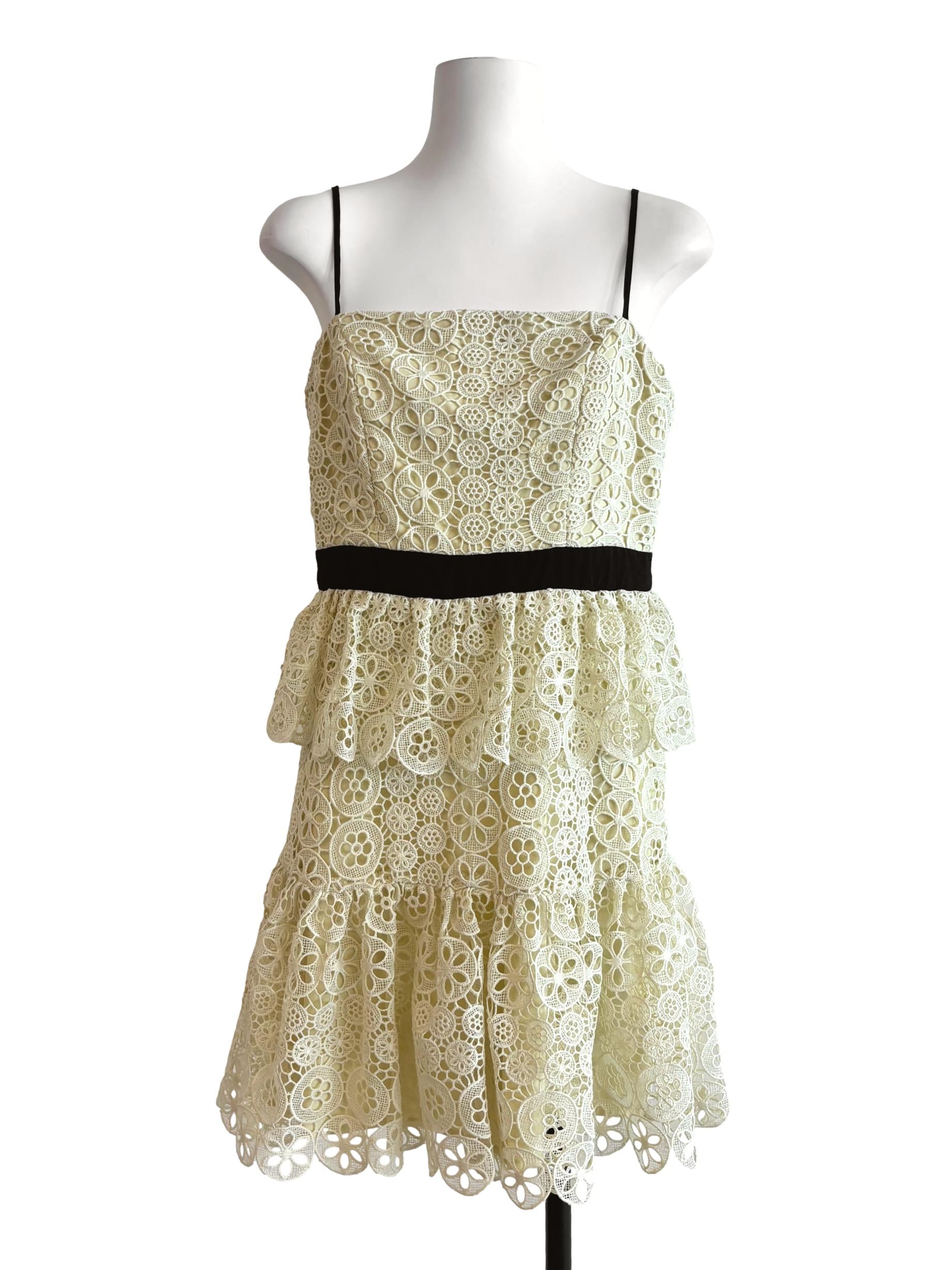 Cream Black Strap Mini Lace Tier Dress