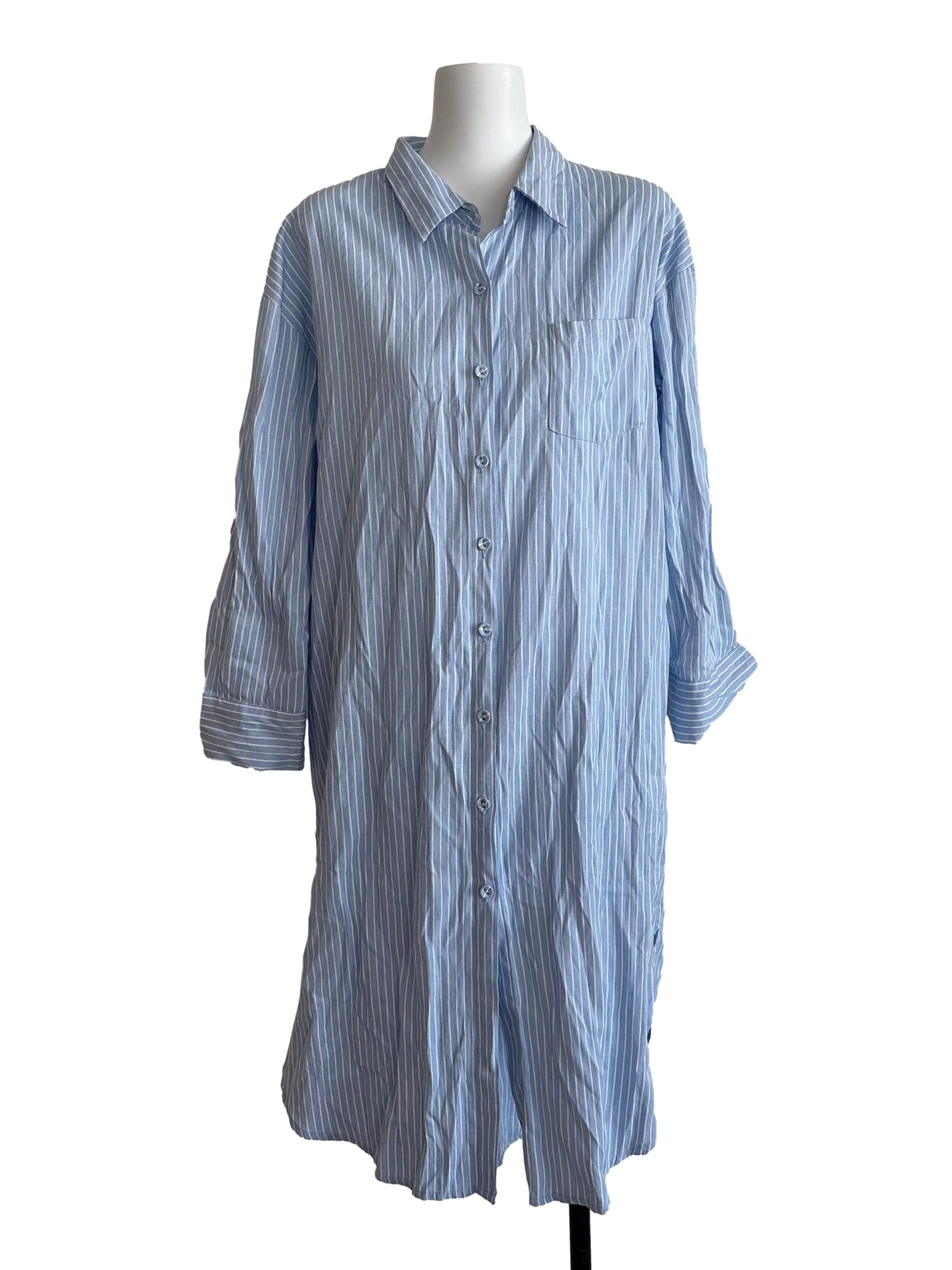 Light Blue Striped Button Shirt Dress
