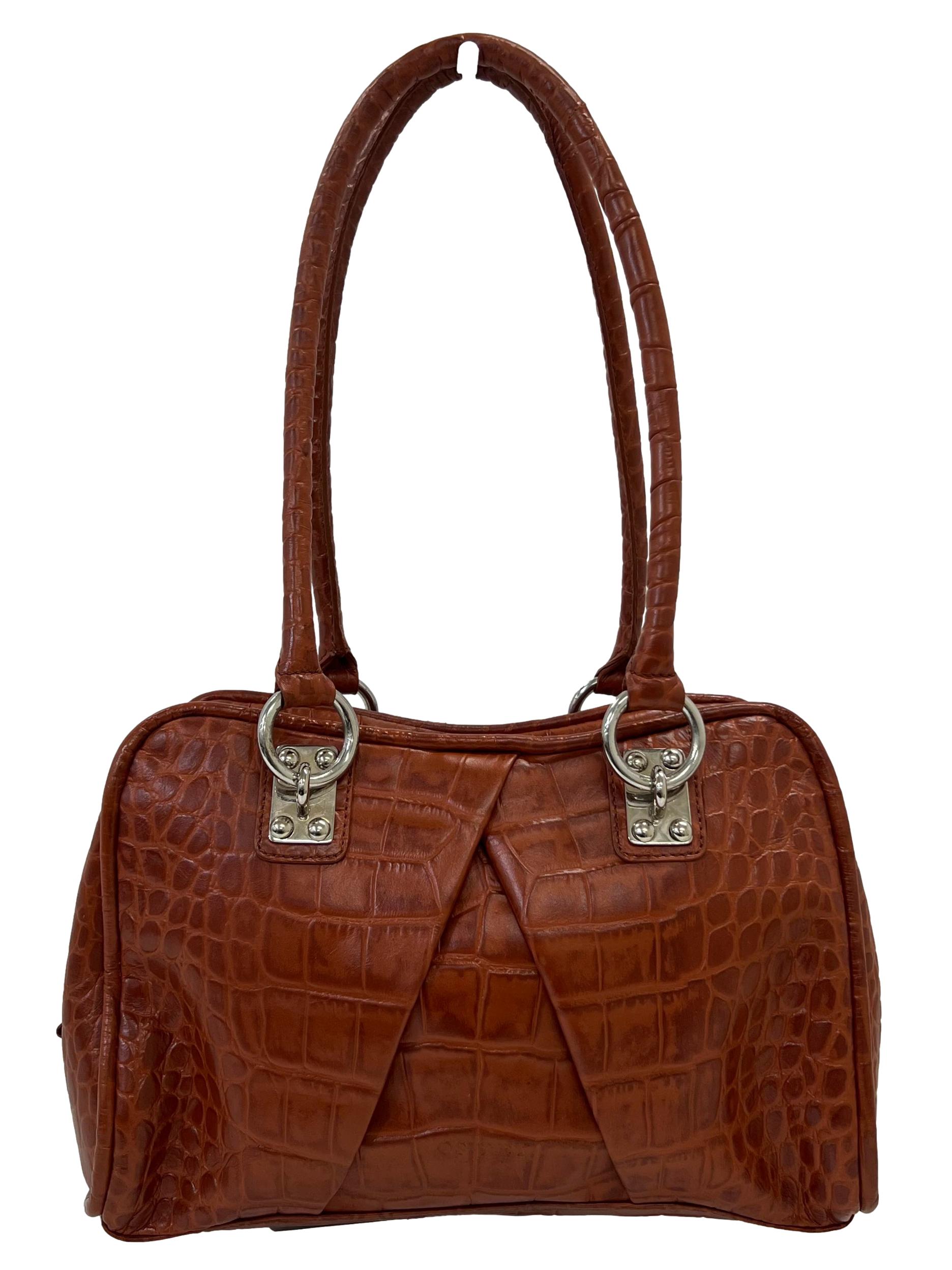 Orangey Brown Croc Embossed Leather Shoulder Bag