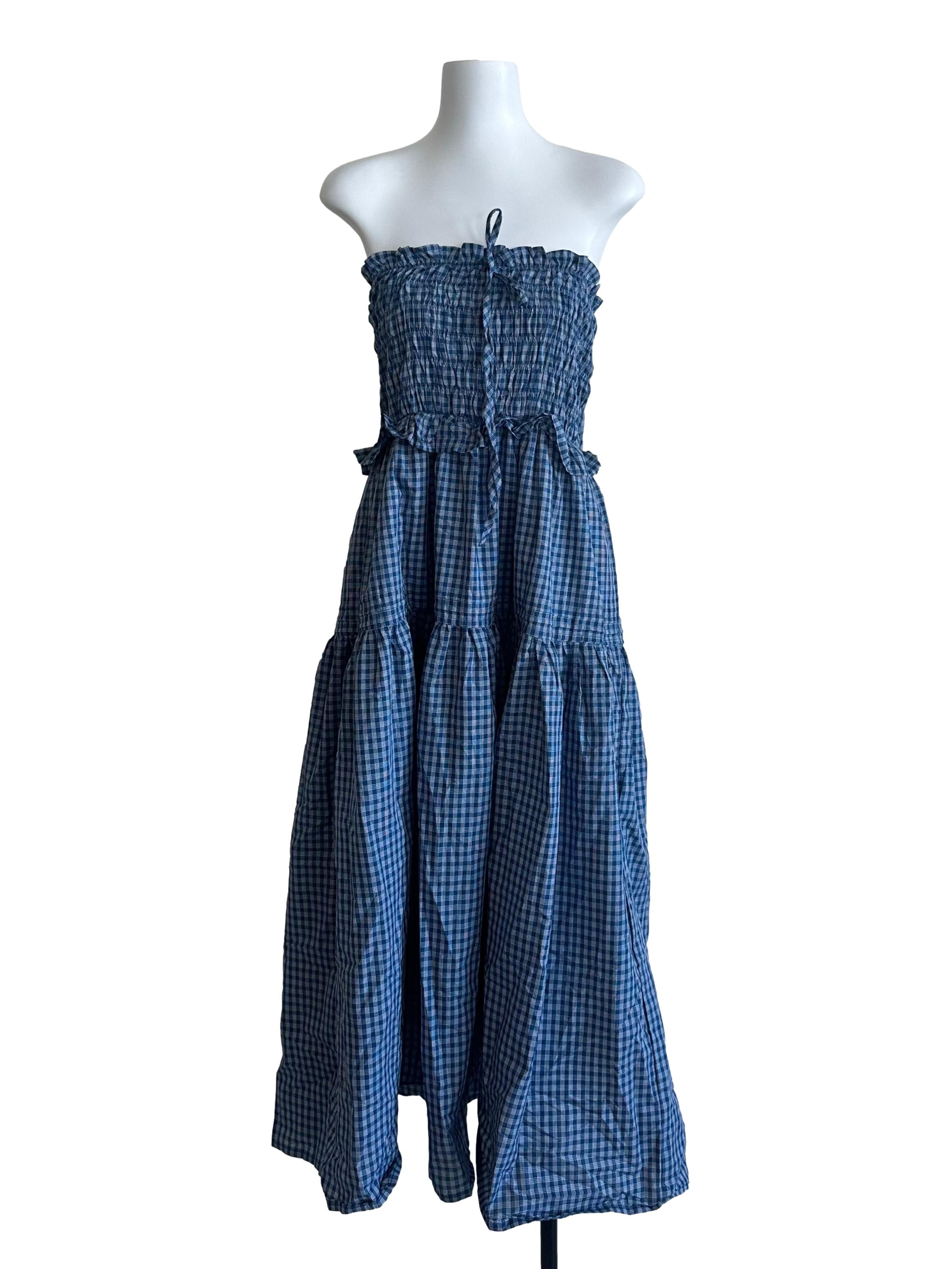 Teal Blue Plaid Tiered Strapless Dress
