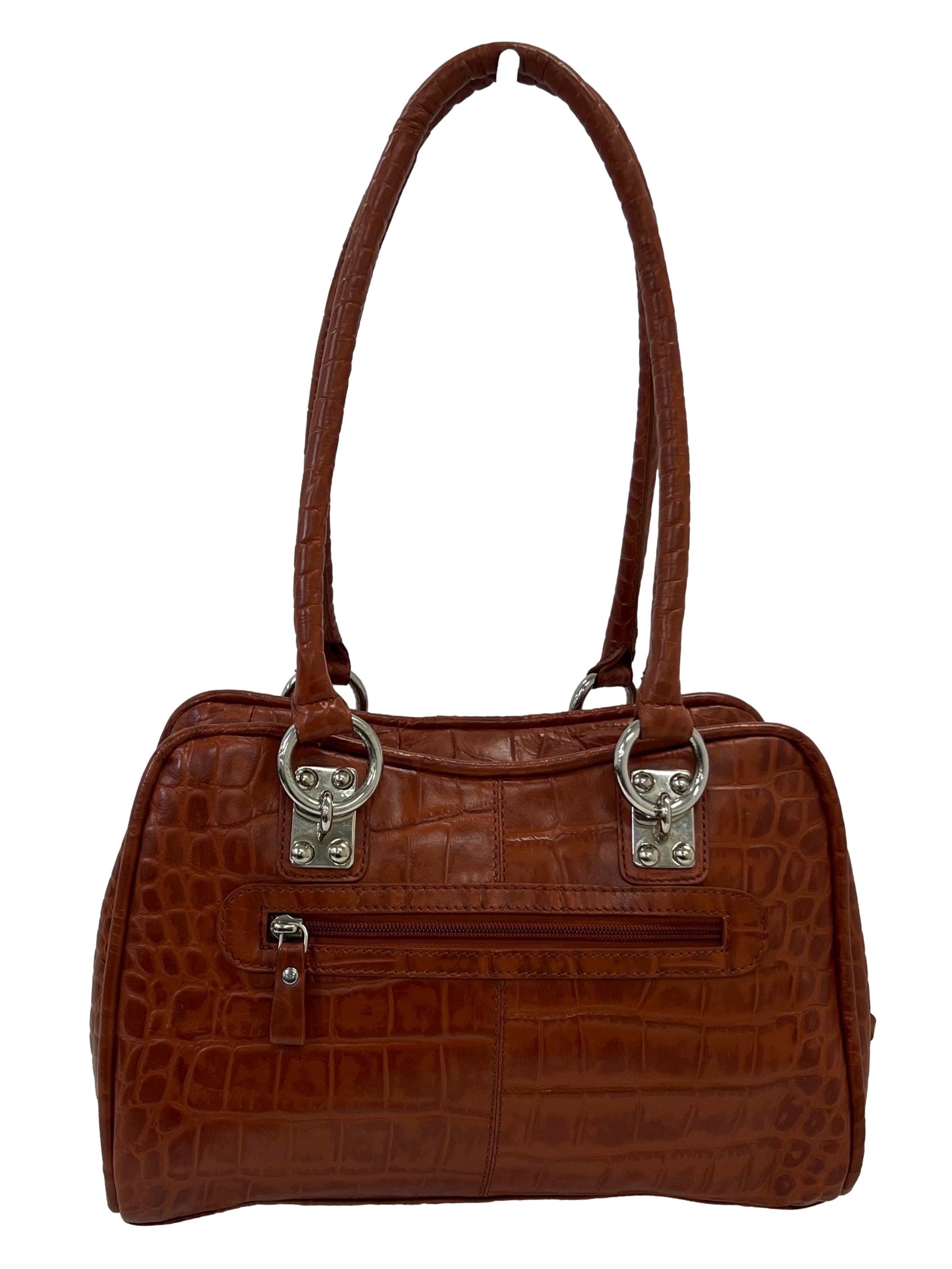Orangey Brown Croc Embossed Leather Shoulder Bag