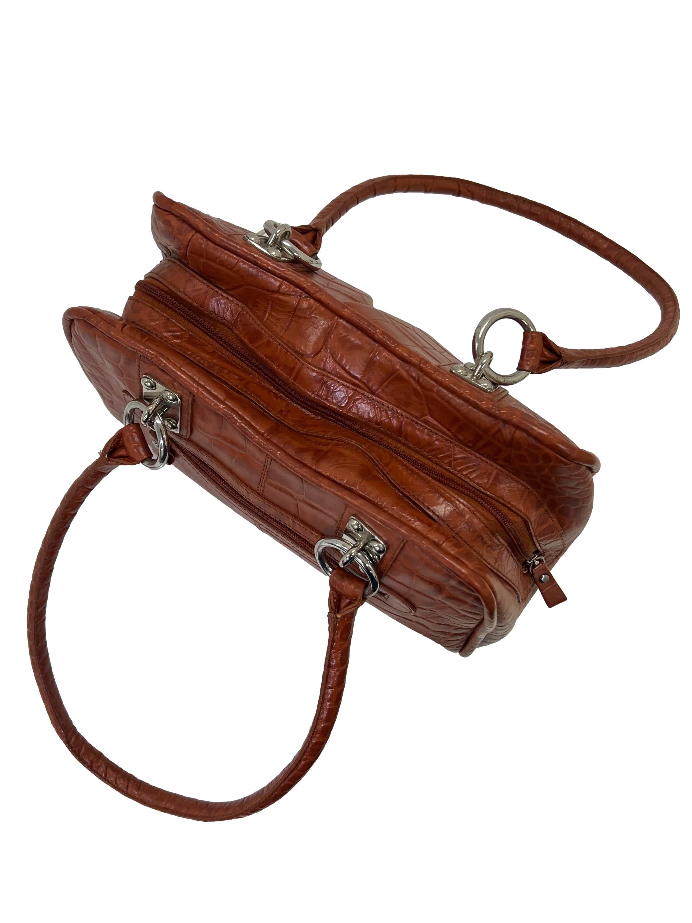 Orangey Brown Croc Embossed Leather Shoulder Bag