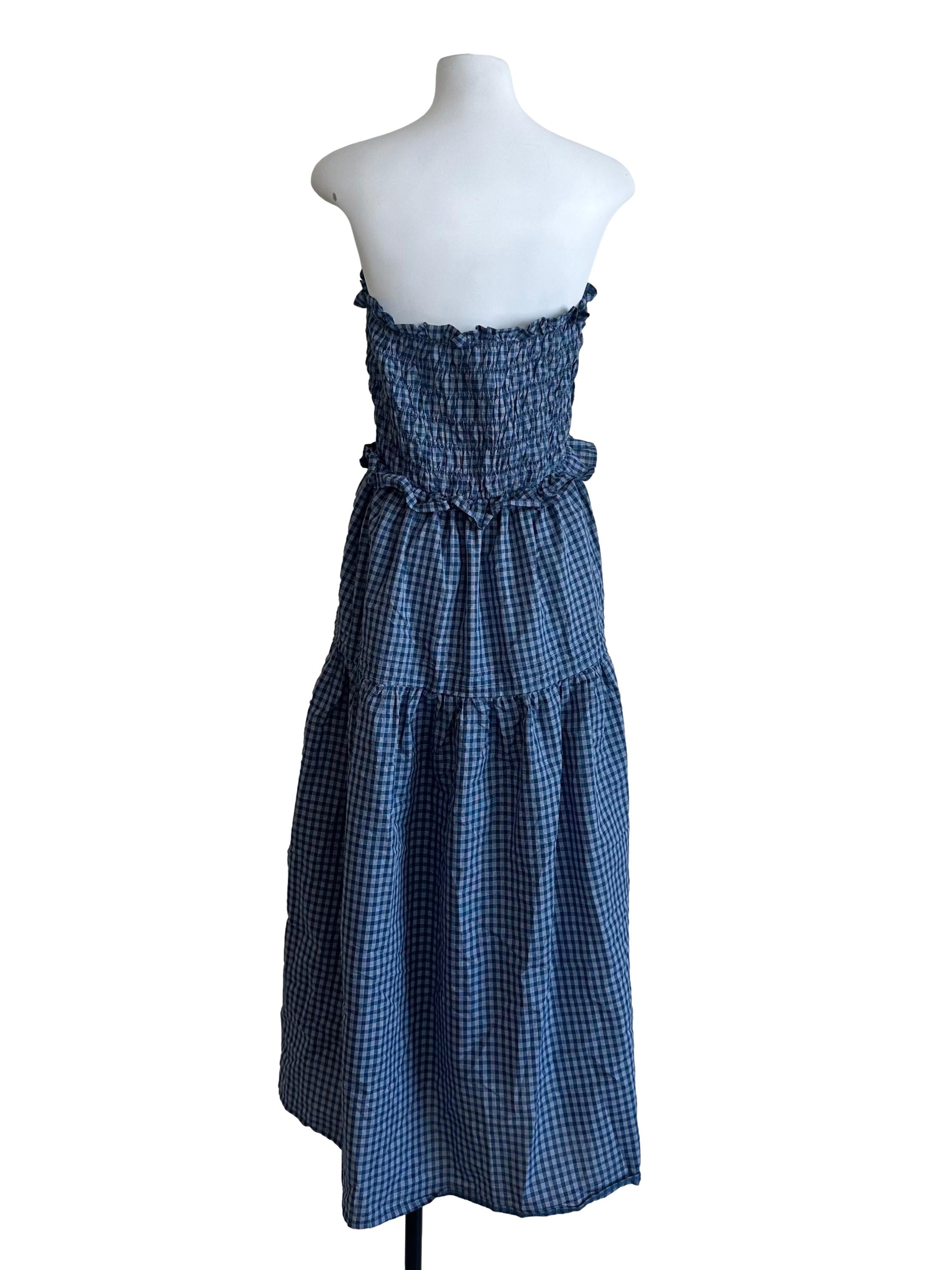 Teal Blue Plaid Tiered Strapless Dress