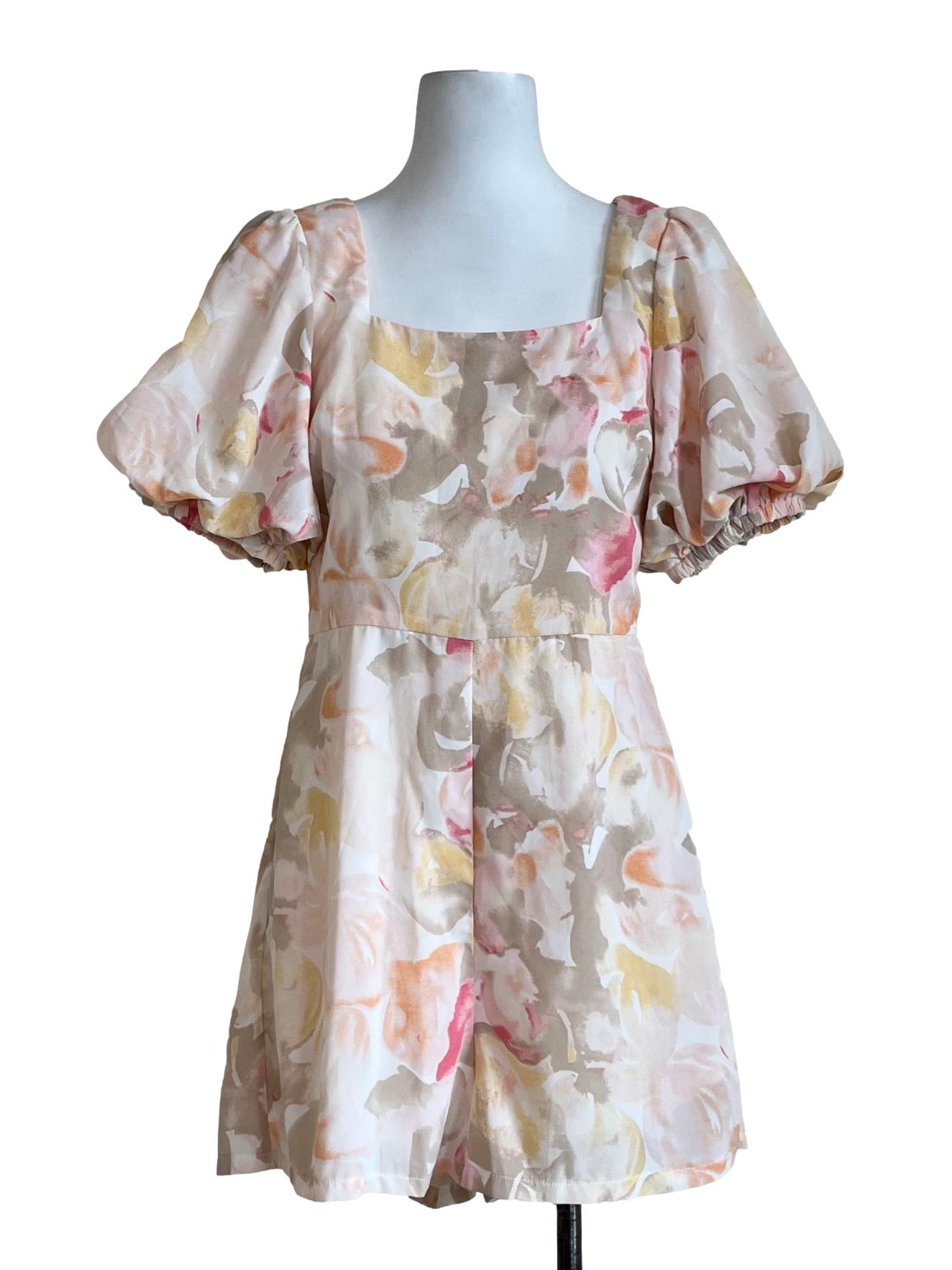 Pink Floral Pattern Square Neck Romper