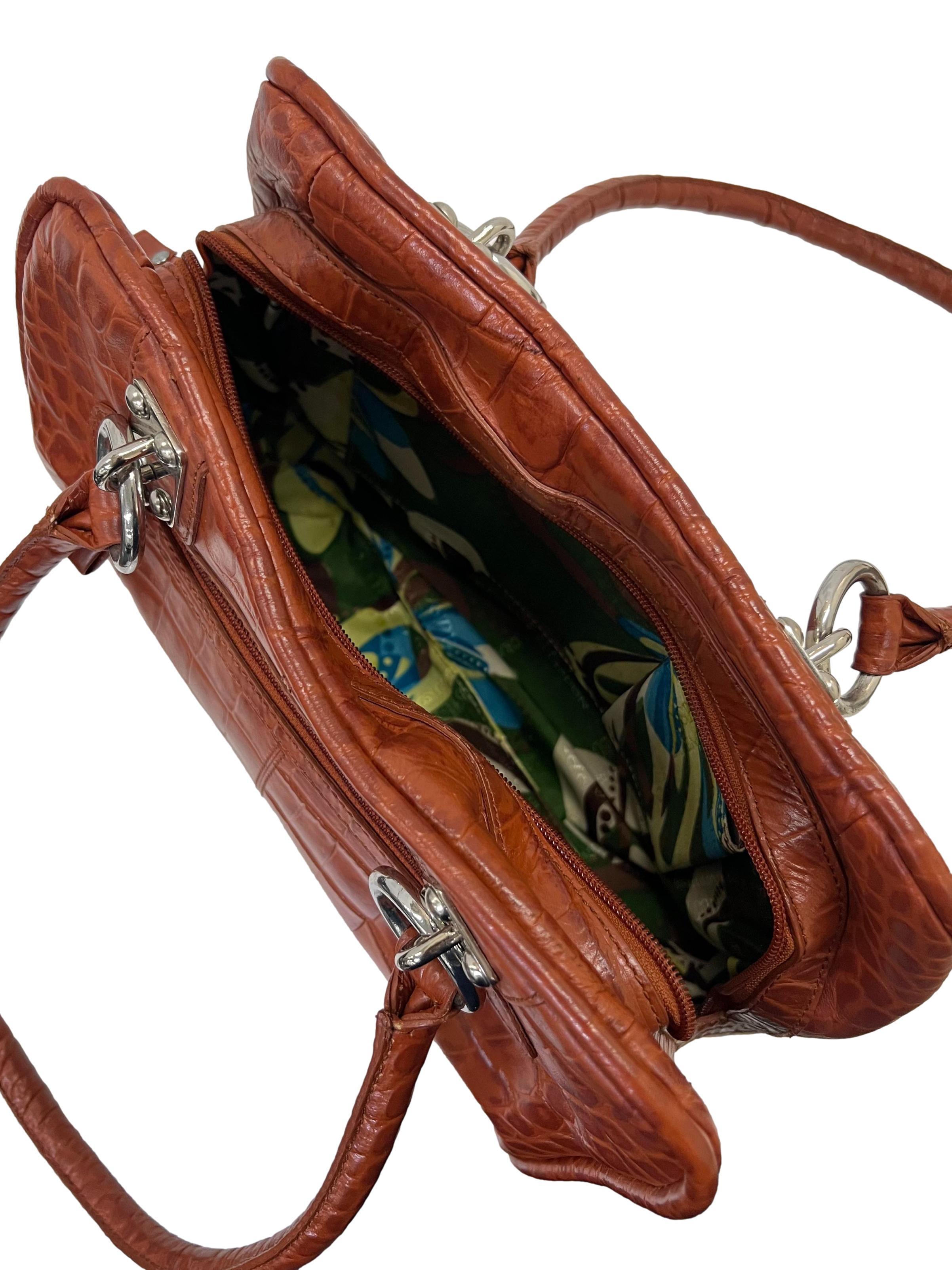 Orangey Brown Croc Embossed Leather Shoulder Bag