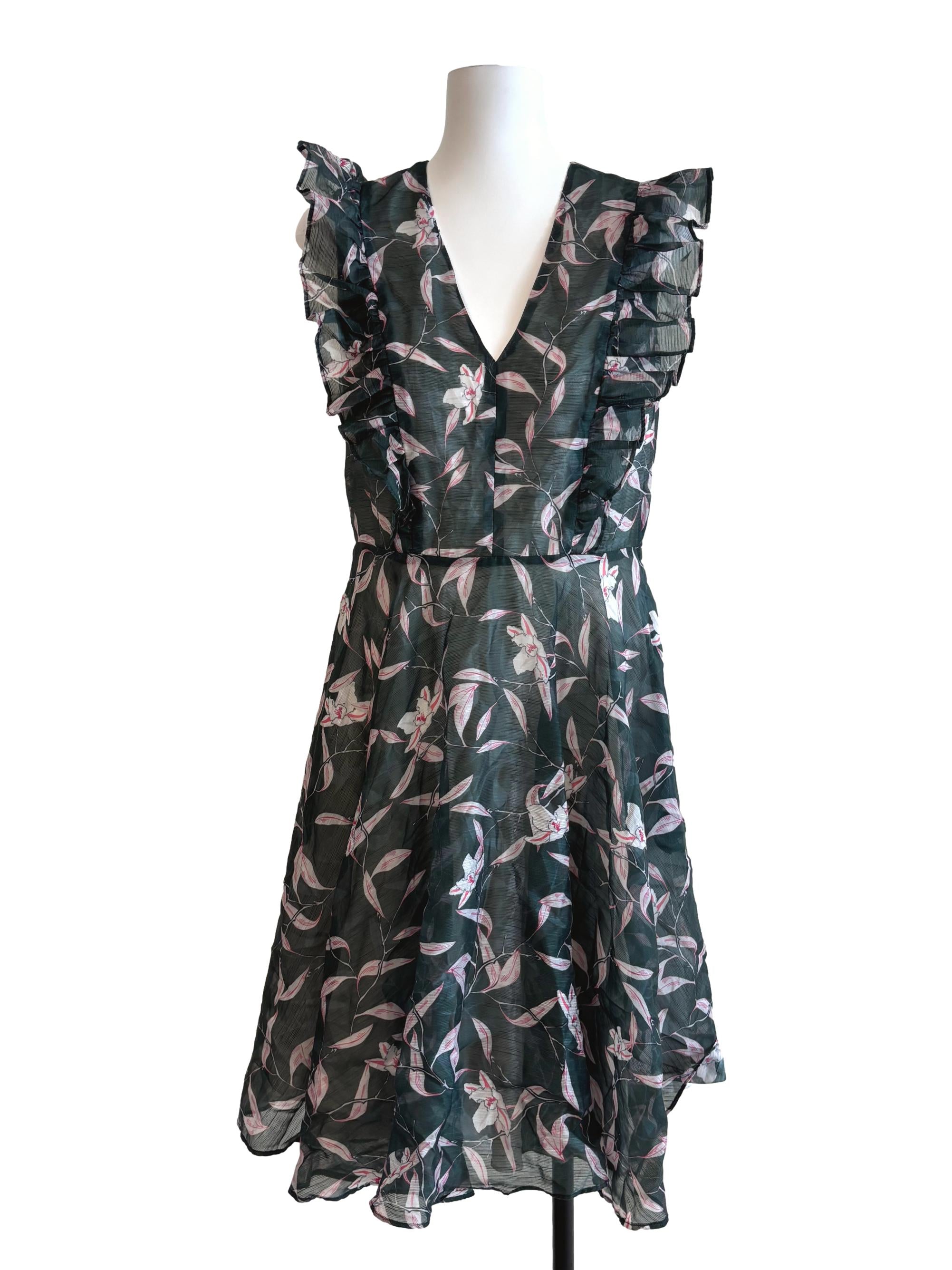 Hunter Green Printed Ruffle A-Line Dress