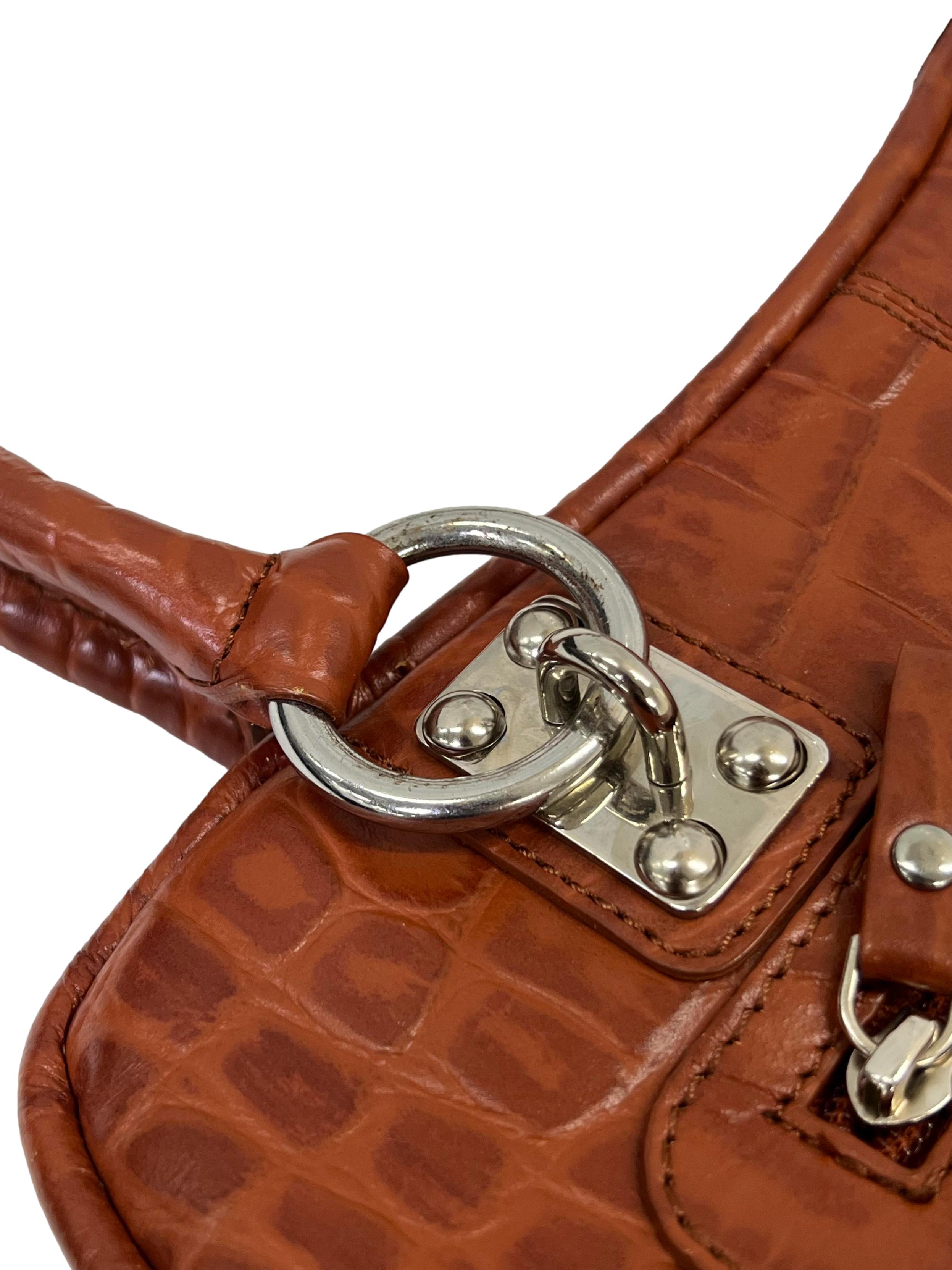 Orangey Brown Croc Embossed Leather Shoulder Bag