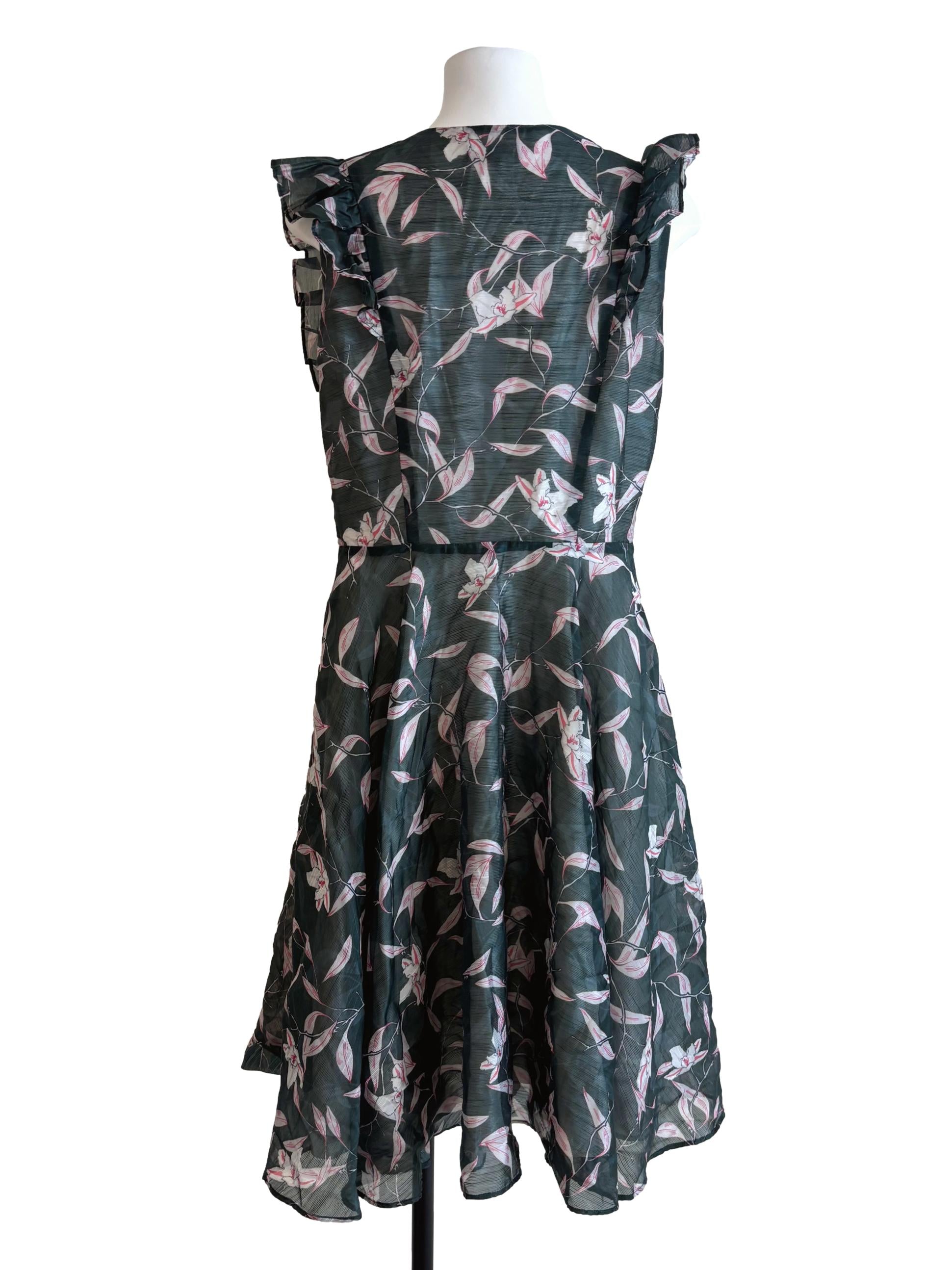 Hunter Green Printed Ruffle A-Line Dress