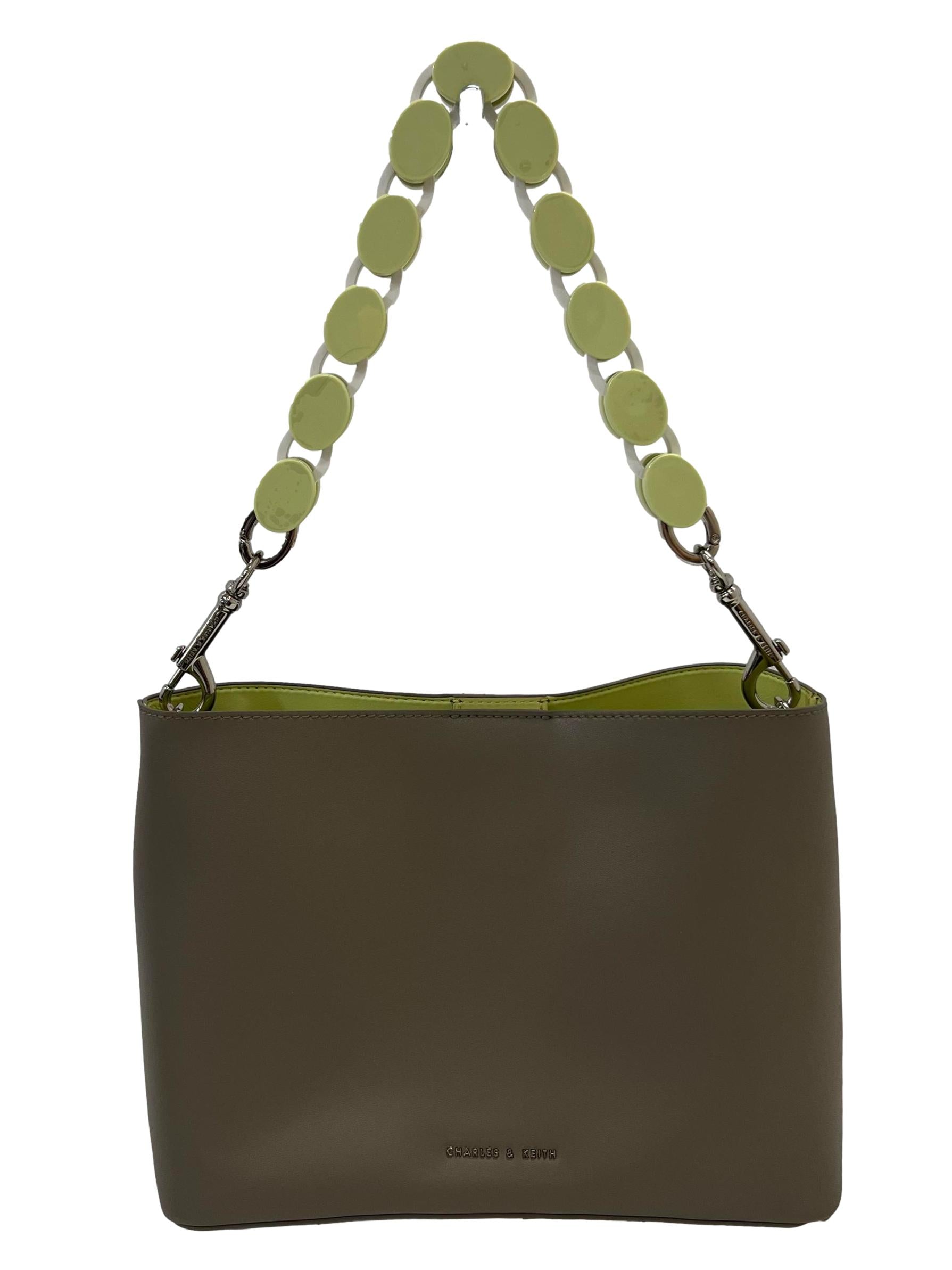 Taupe With Green Acrylic Handle Handbag