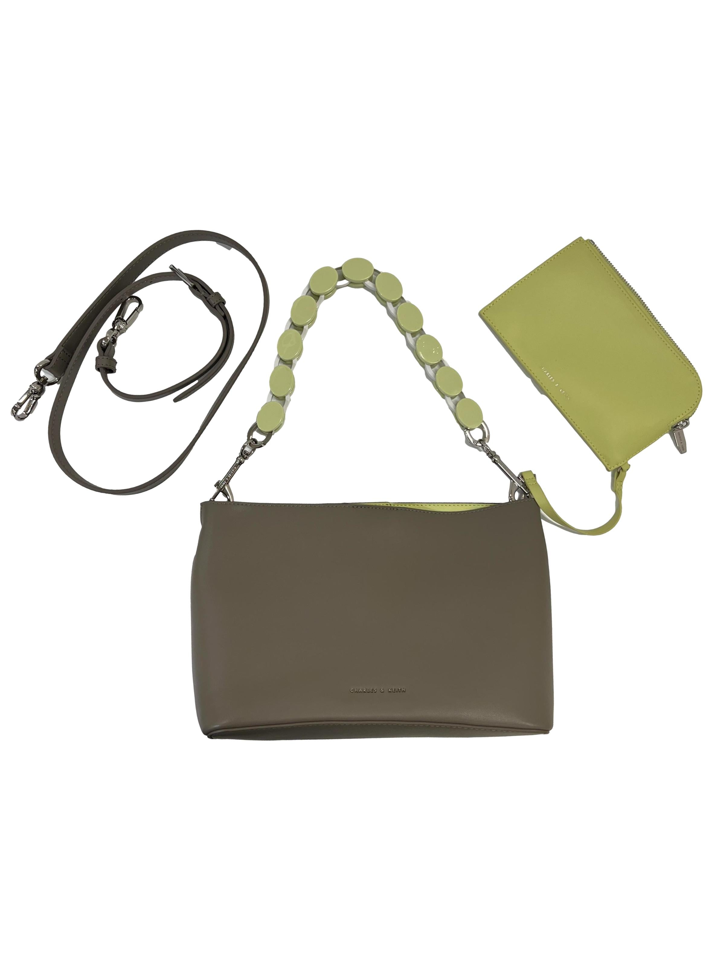 Taupe With Green Acrylic Handle Handbag